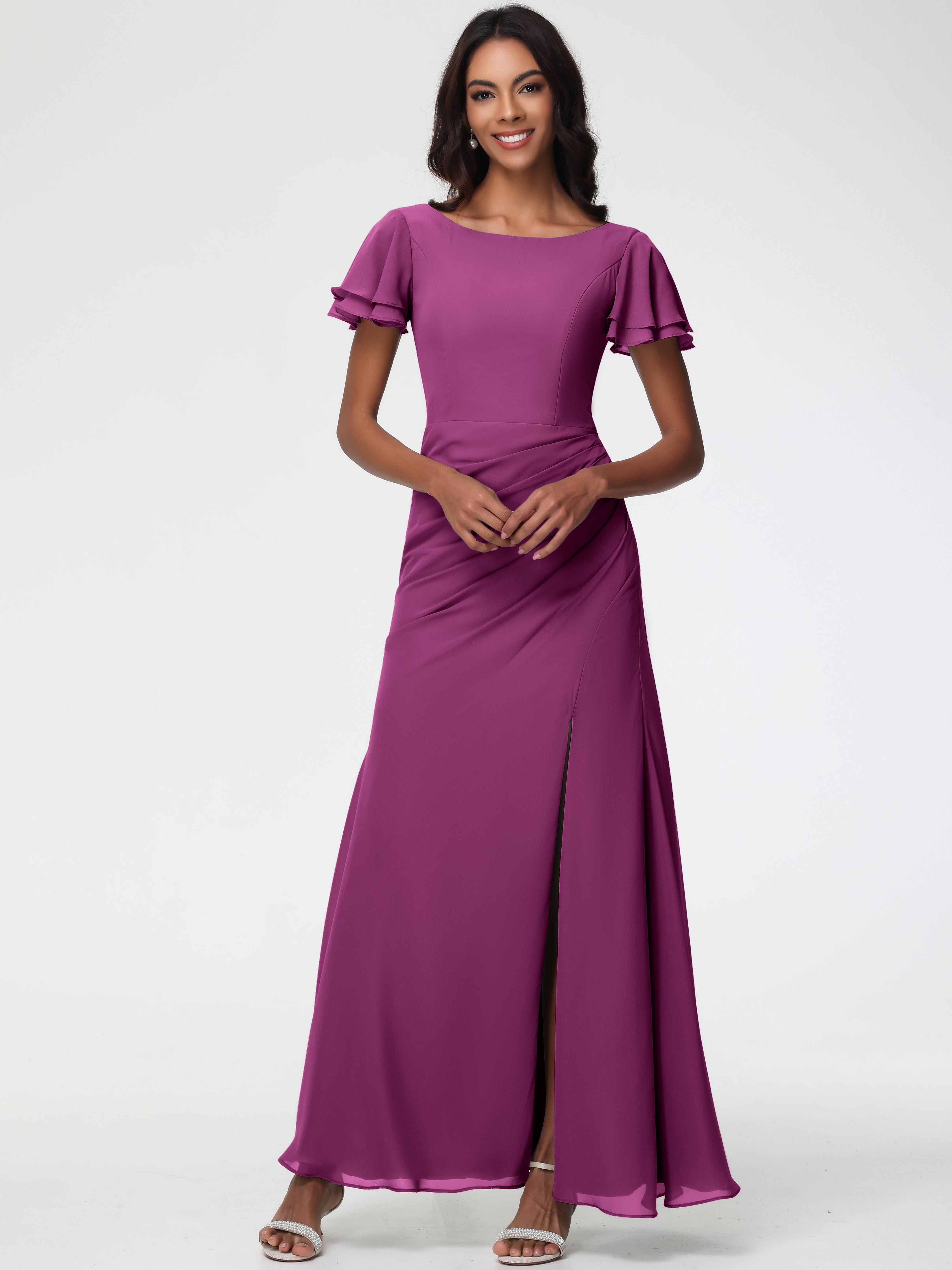 Sheath/Column Short Sleeves Split Long Chiffon Bridesmaid Dresses (Copy)