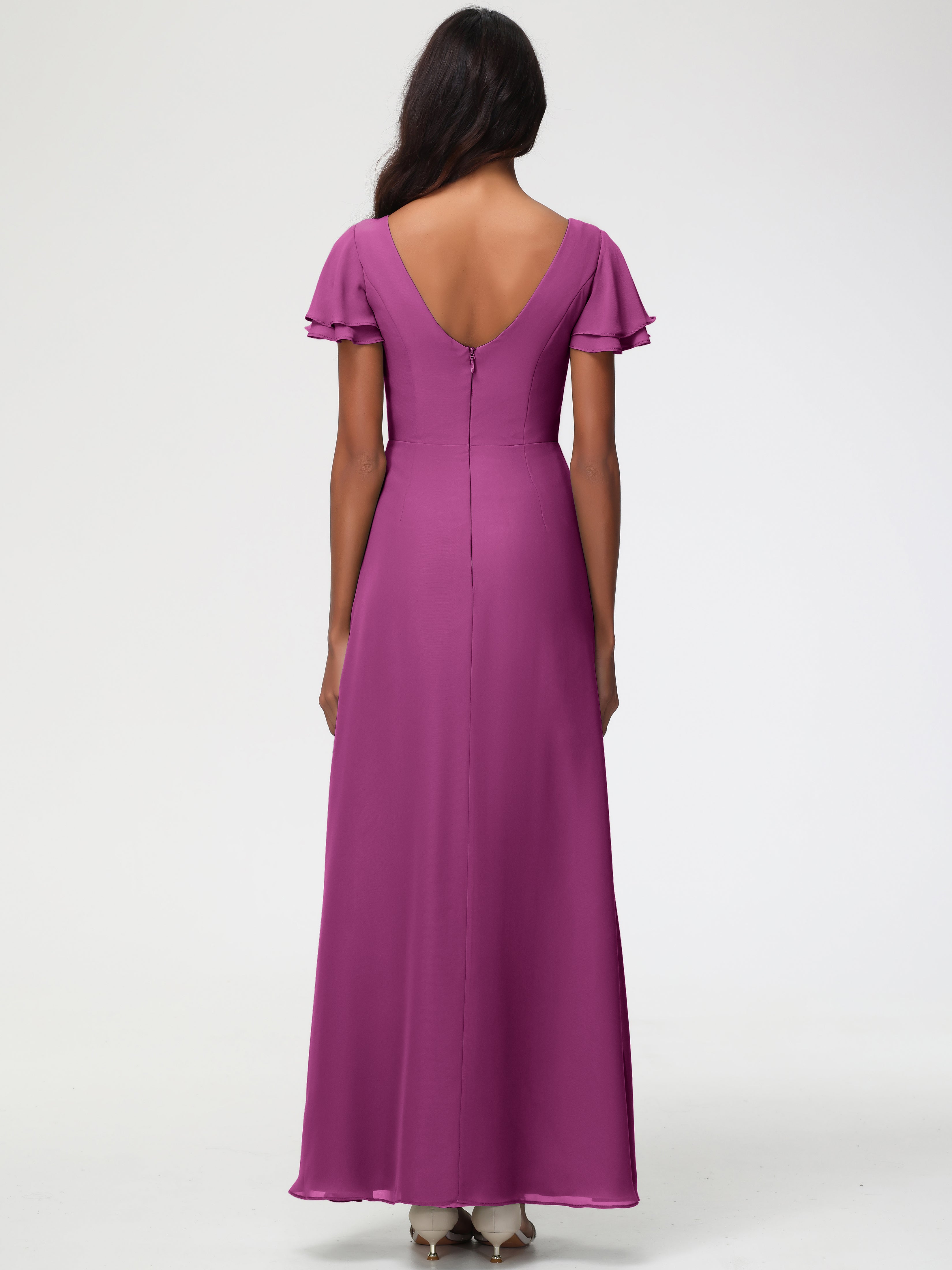 Sheath/Column Short Sleeves Split Long Chiffon Bridesmaid Dresses (Copy)