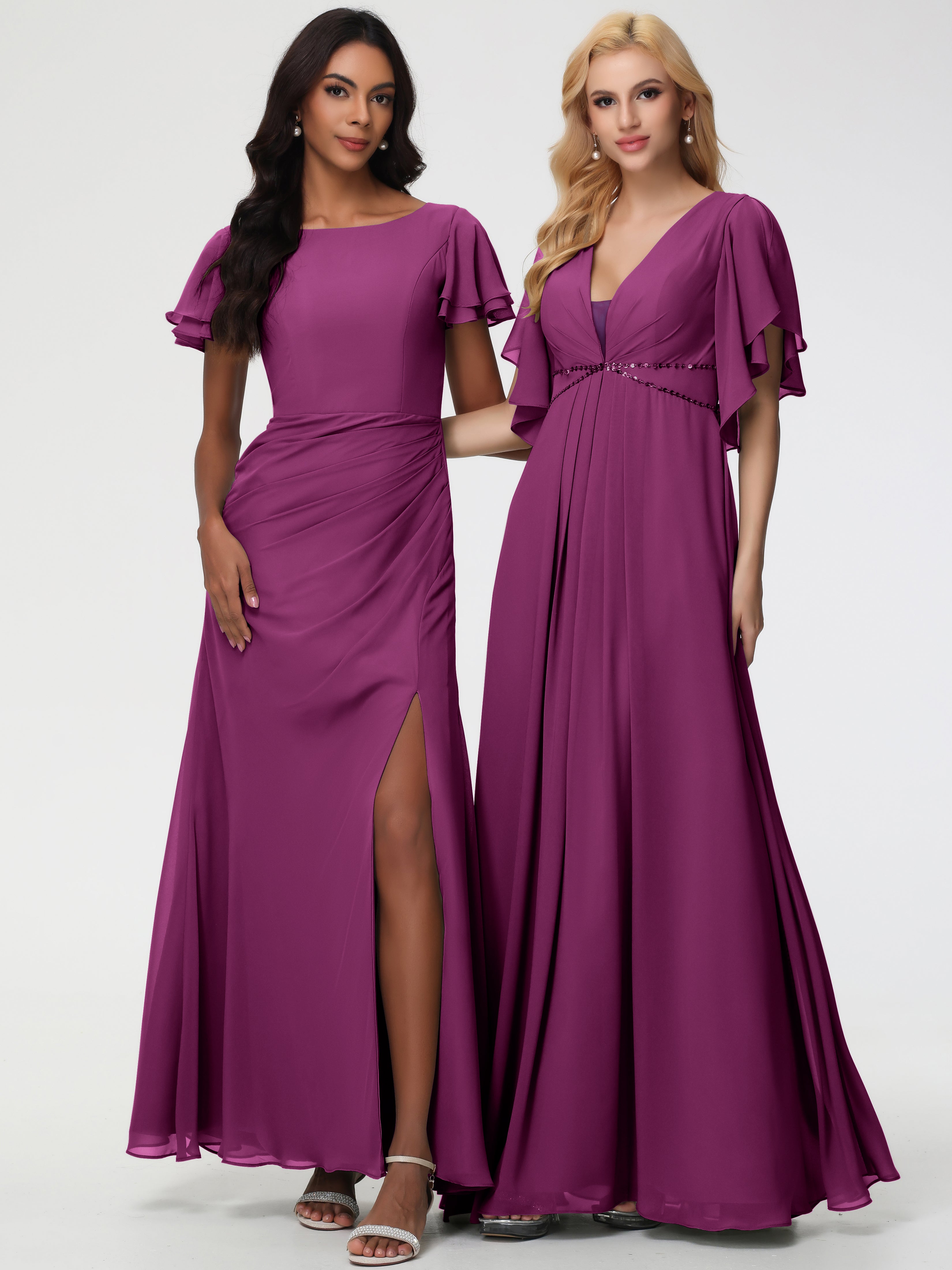 Sheath/Column Short Sleeves Split Long Chiffon Bridesmaid Dresses (Copy)