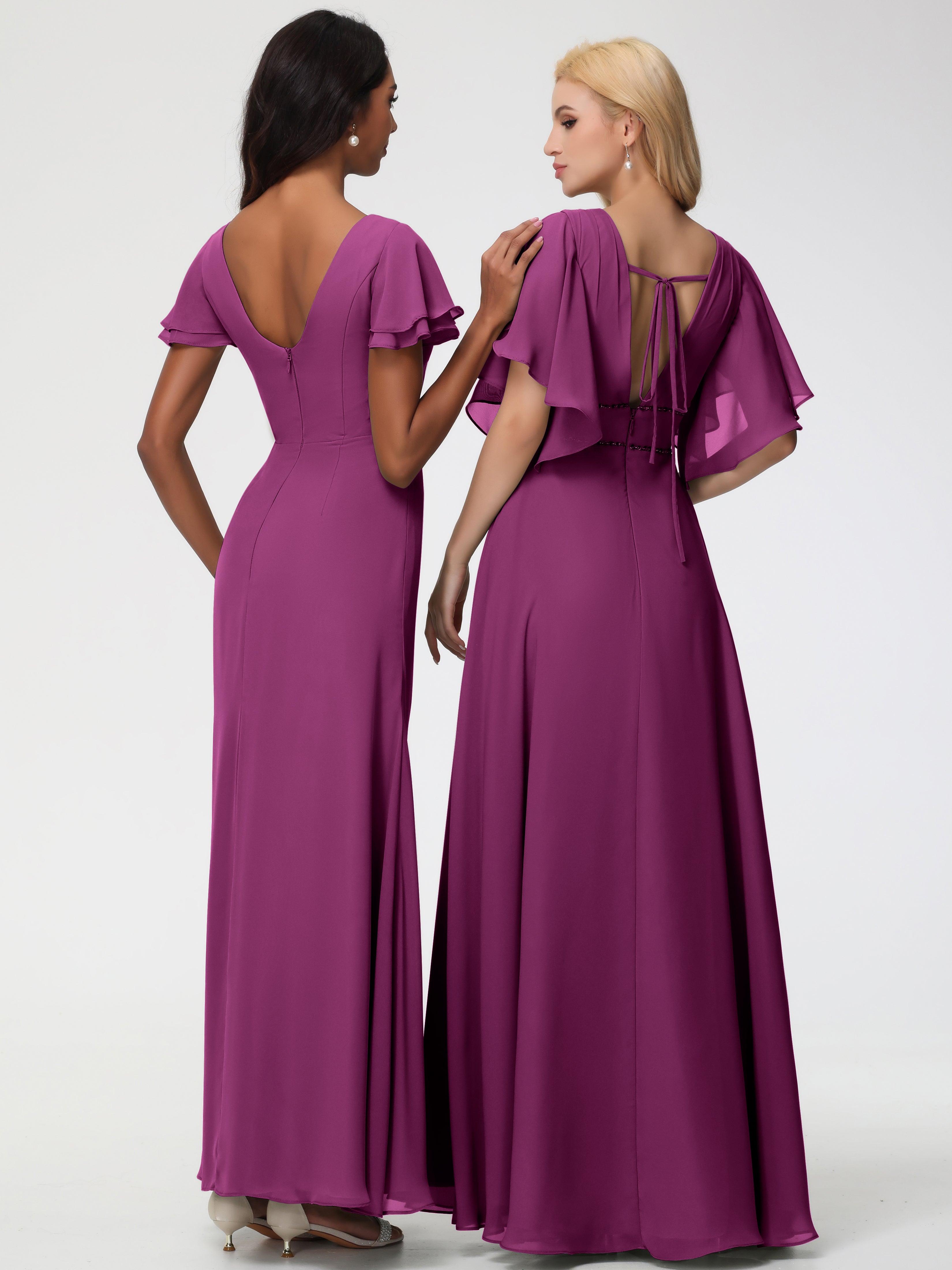 Sheath/Column Short Sleeves Split Long Chiffon Bridesmaid Dresses (Copy)