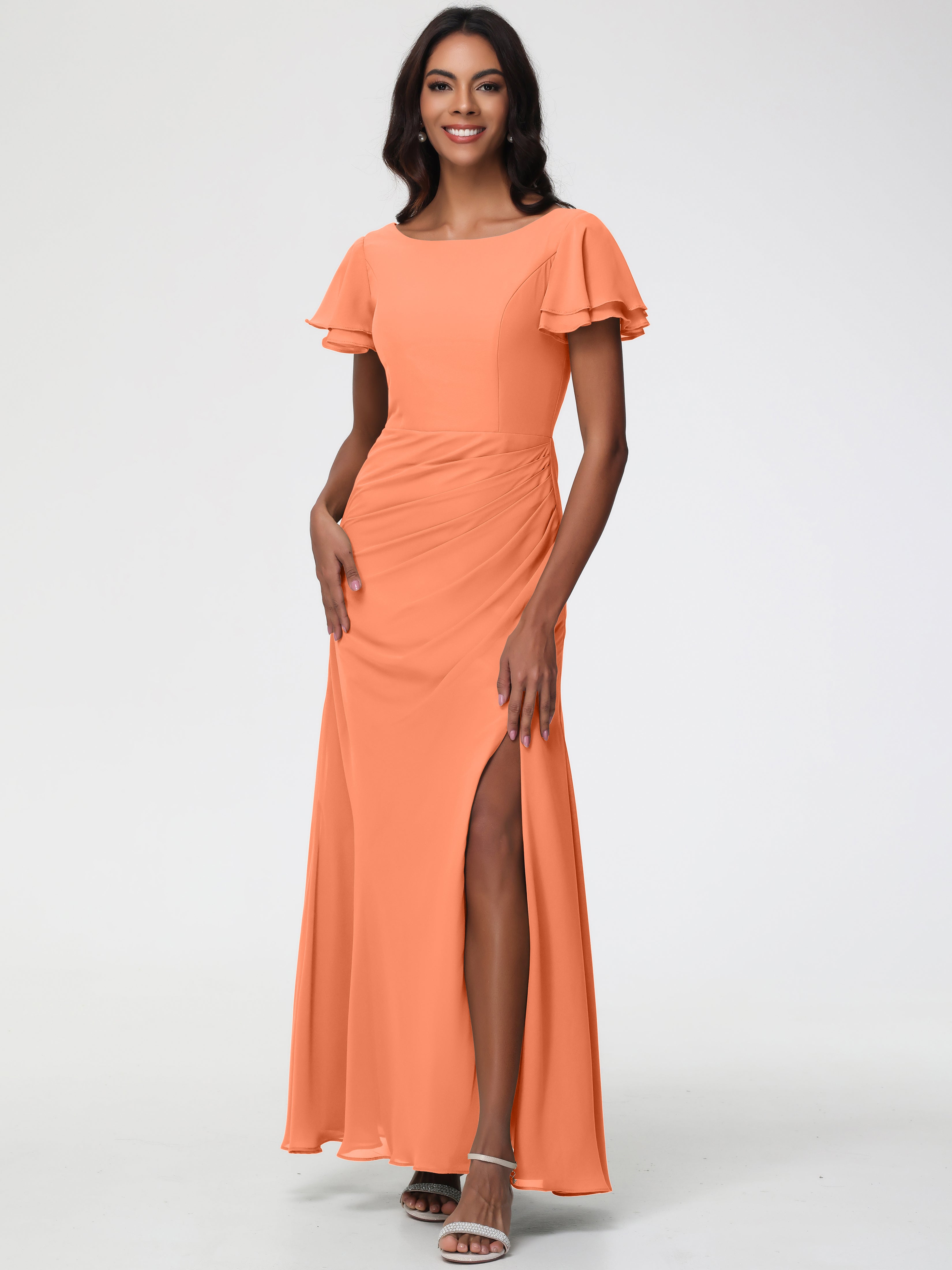 Sheath/Column Short Sleeves Split Long Chiffon Bridesmaid Dresses (Copy)