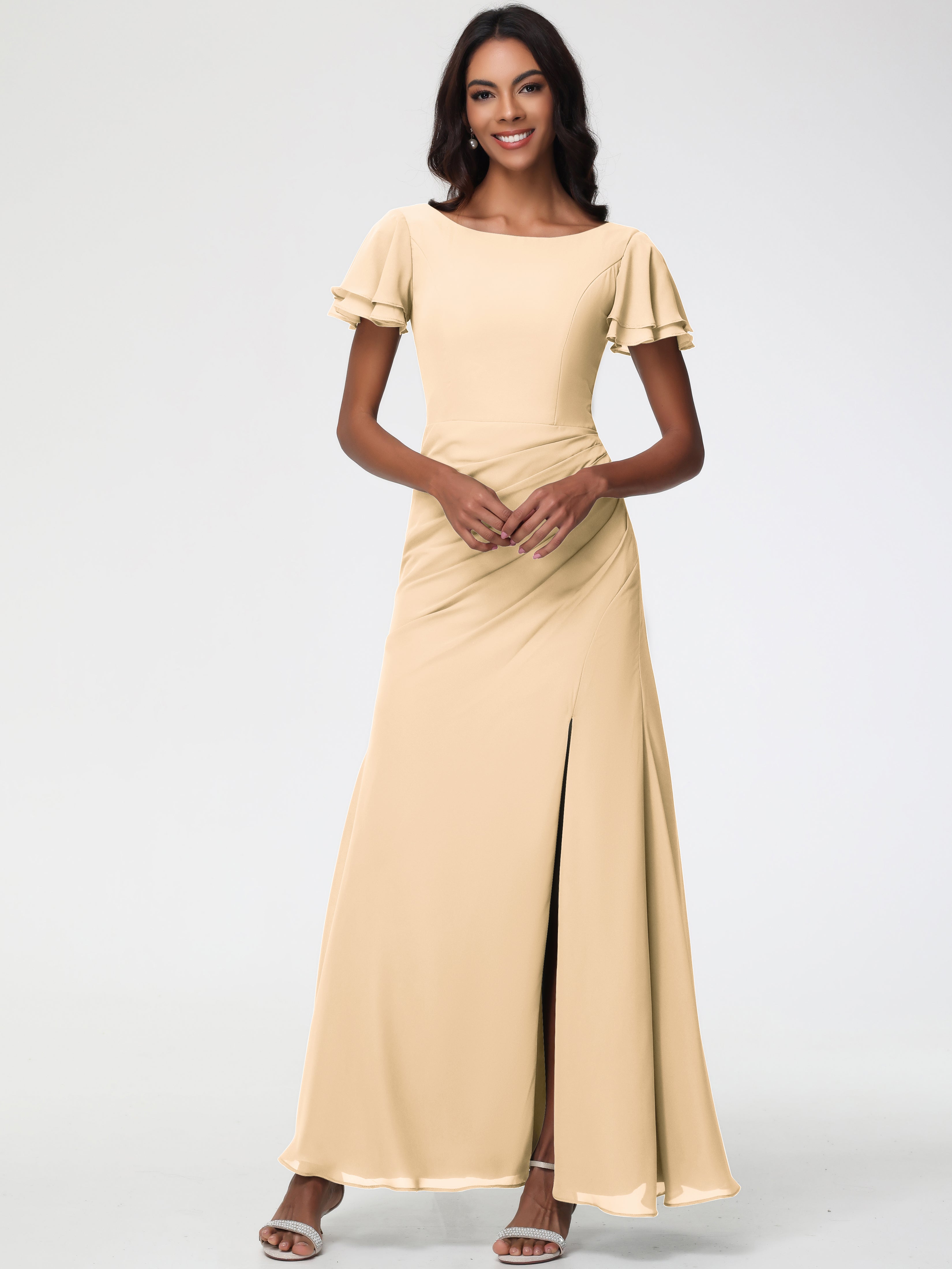 Sheath/Column Short Sleeves Split Long Chiffon Bridesmaid Dresses (Copy)