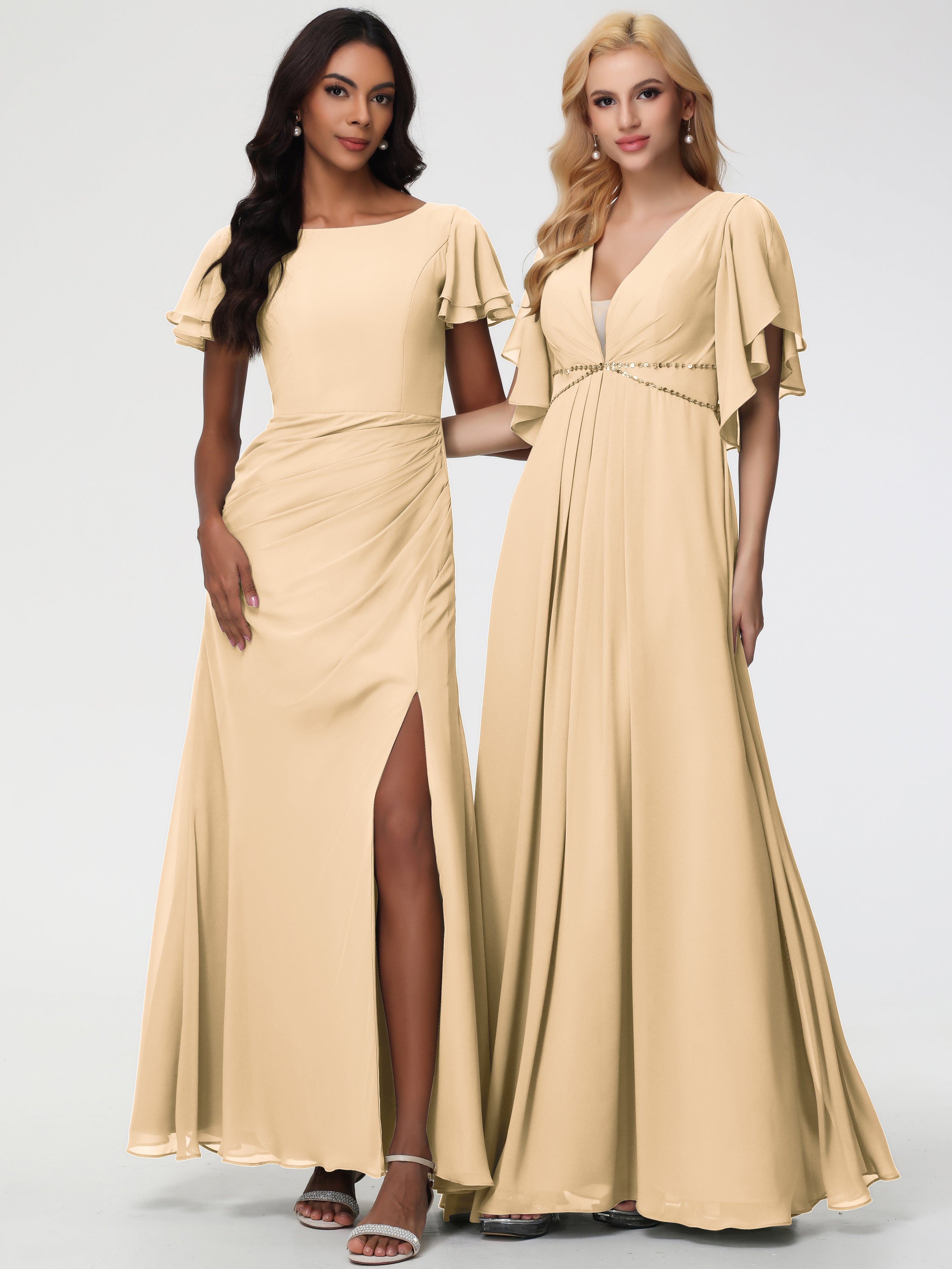 Sheath/Column Short Sleeves Split Long Chiffon Bridesmaid Dresses (Copy)