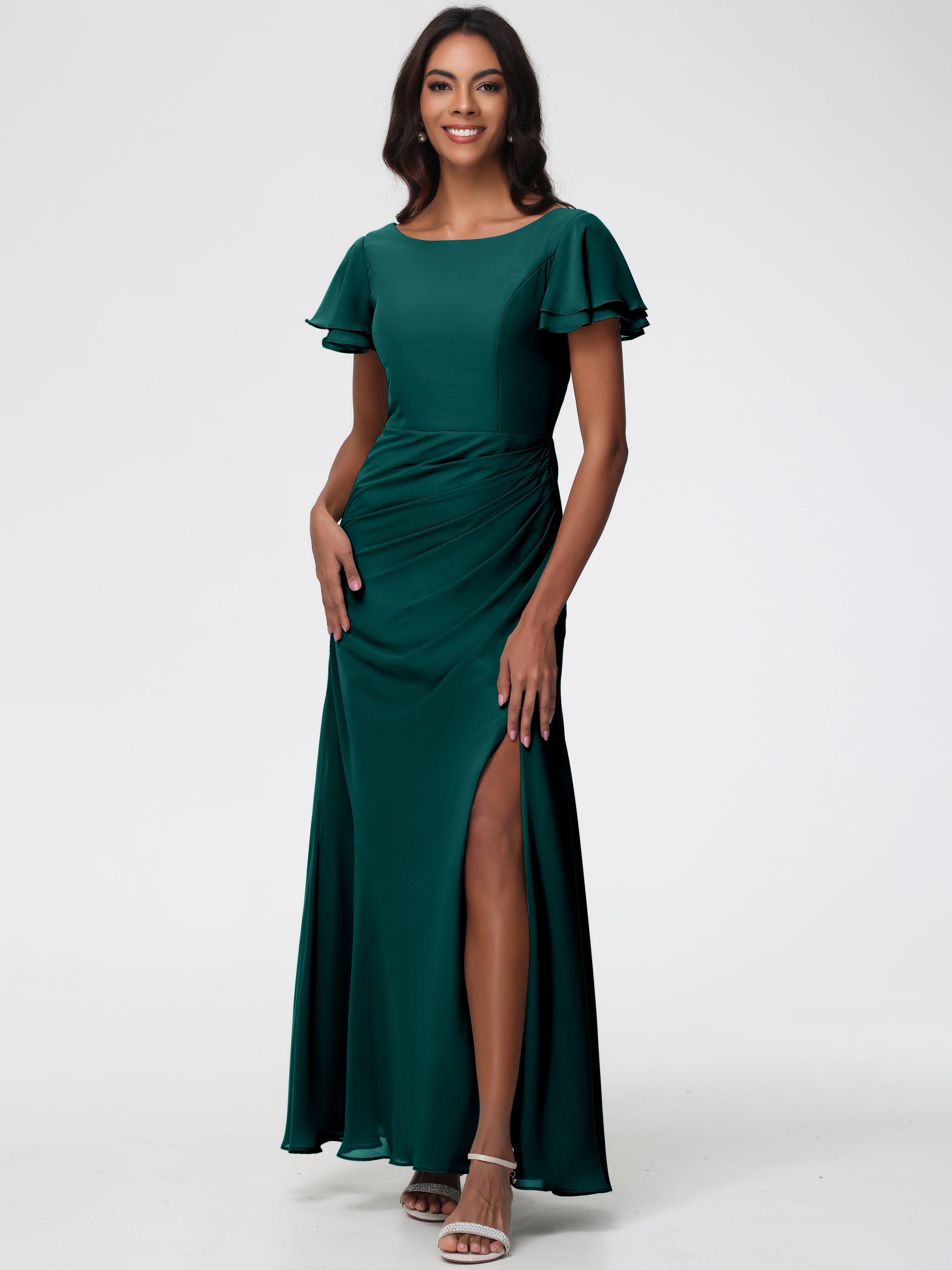 Sheath/Column Short Sleeves Split Long Chiffon Bridesmaid Dresses (Copy)