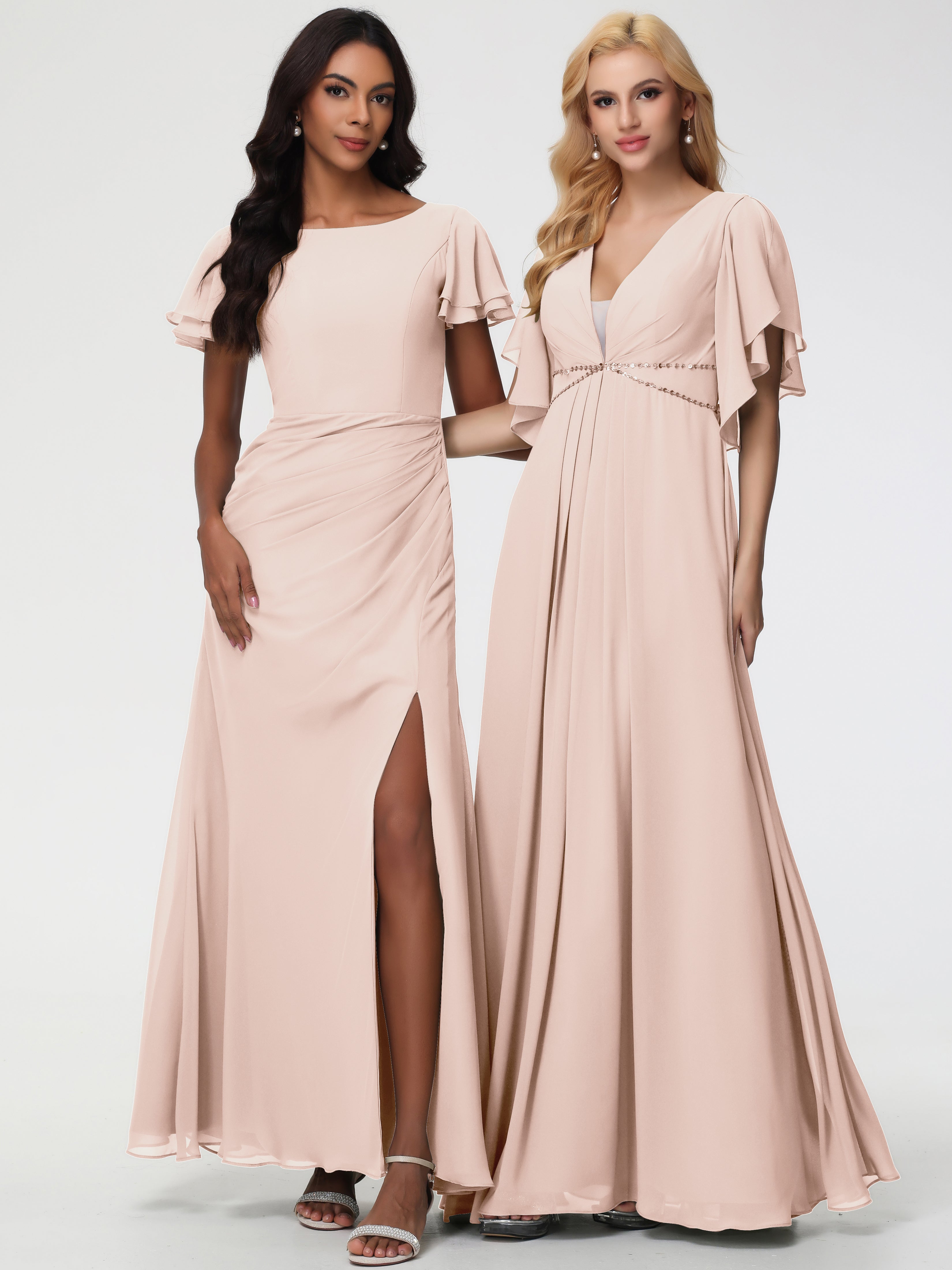 Sheath/Column Short Sleeves Split Long Chiffon Bridesmaid Dresses (Copy)