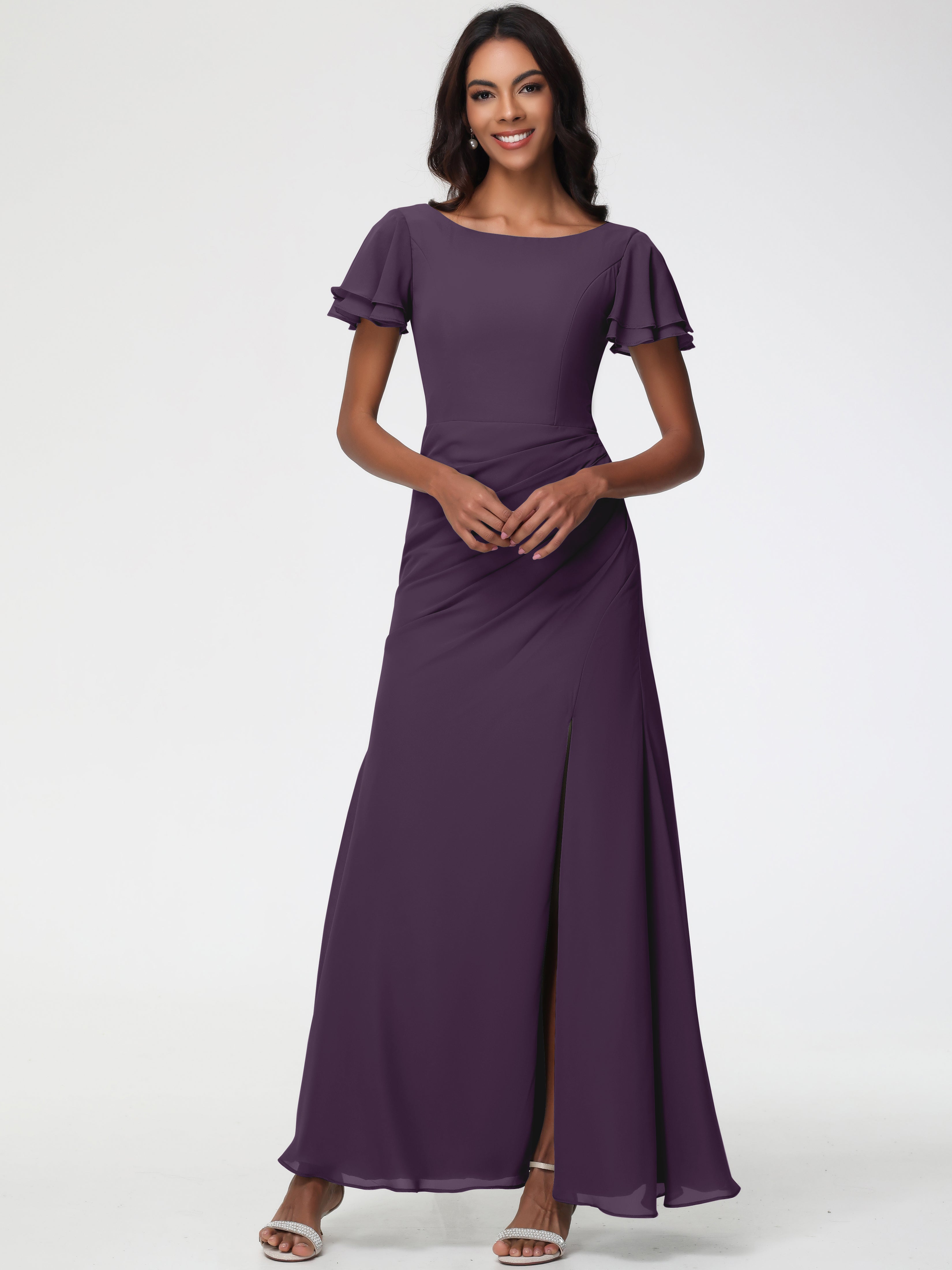Sheath/Column Short Sleeves Split Long Chiffon Bridesmaid Dresses (Copy)