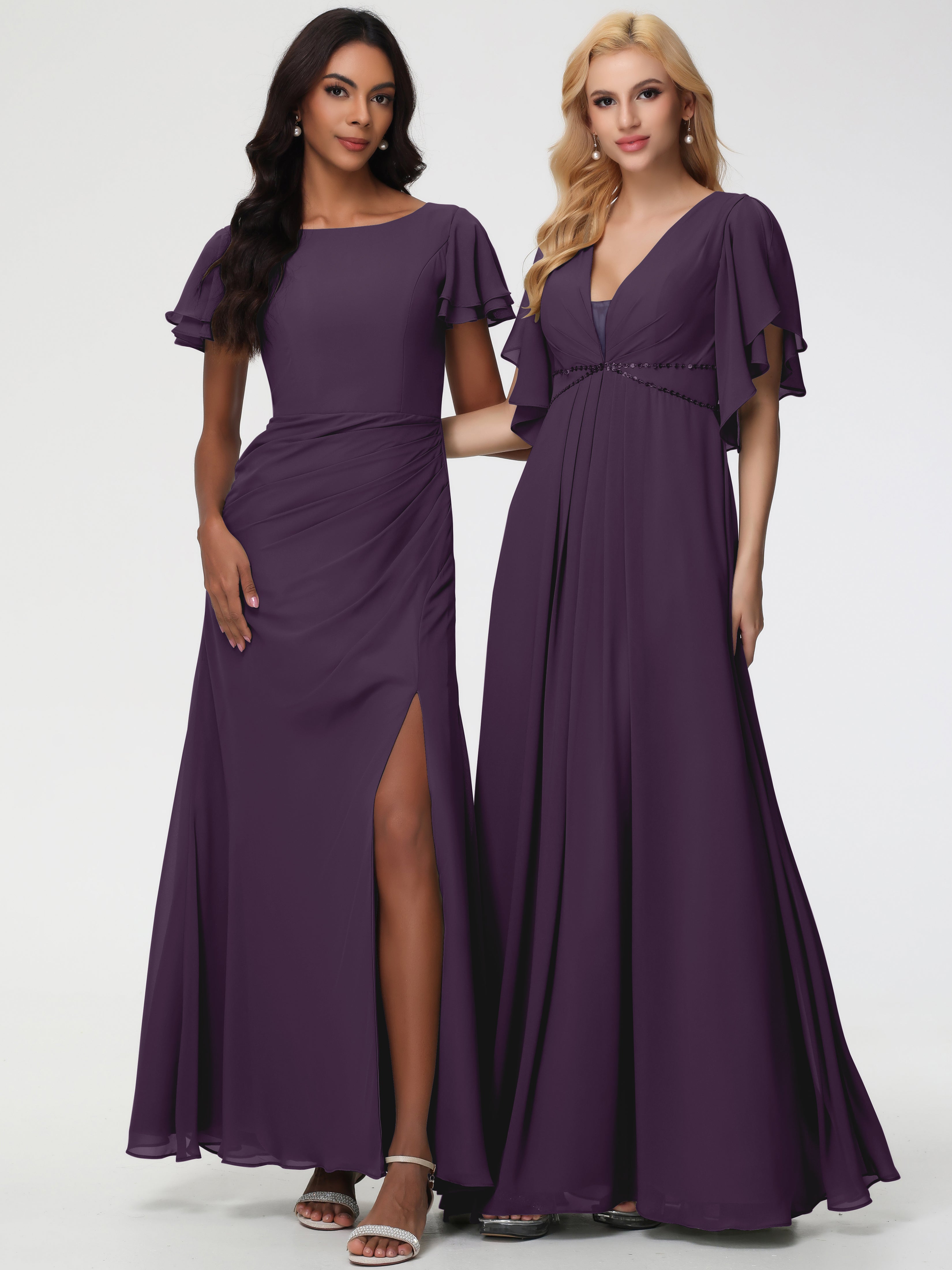 Sheath/Column Short Sleeves Split Long Chiffon Bridesmaid Dresses (Copy)