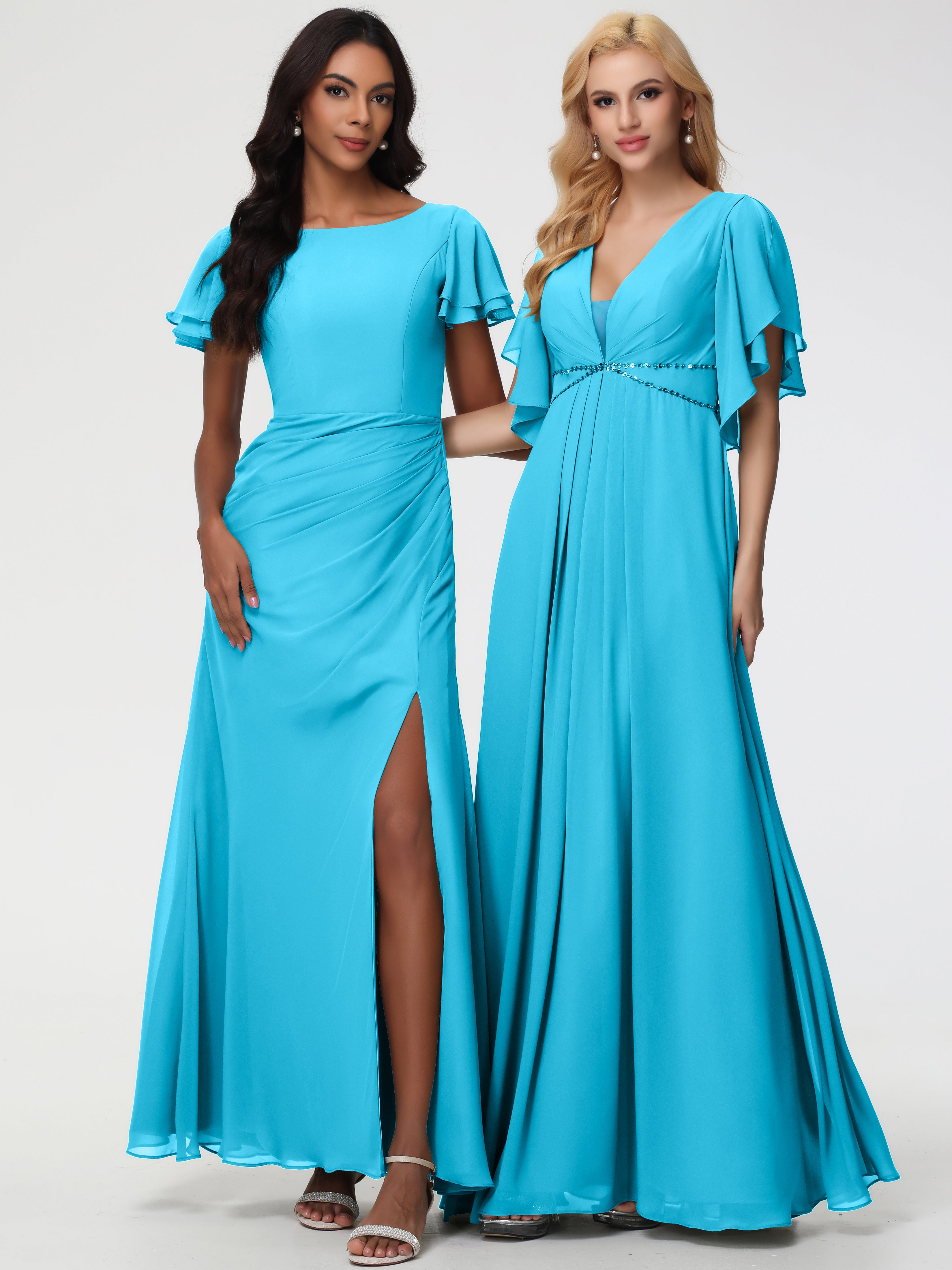 Sheath/Column Short Sleeves Split Long Chiffon Bridesmaid Dresses (Copy)