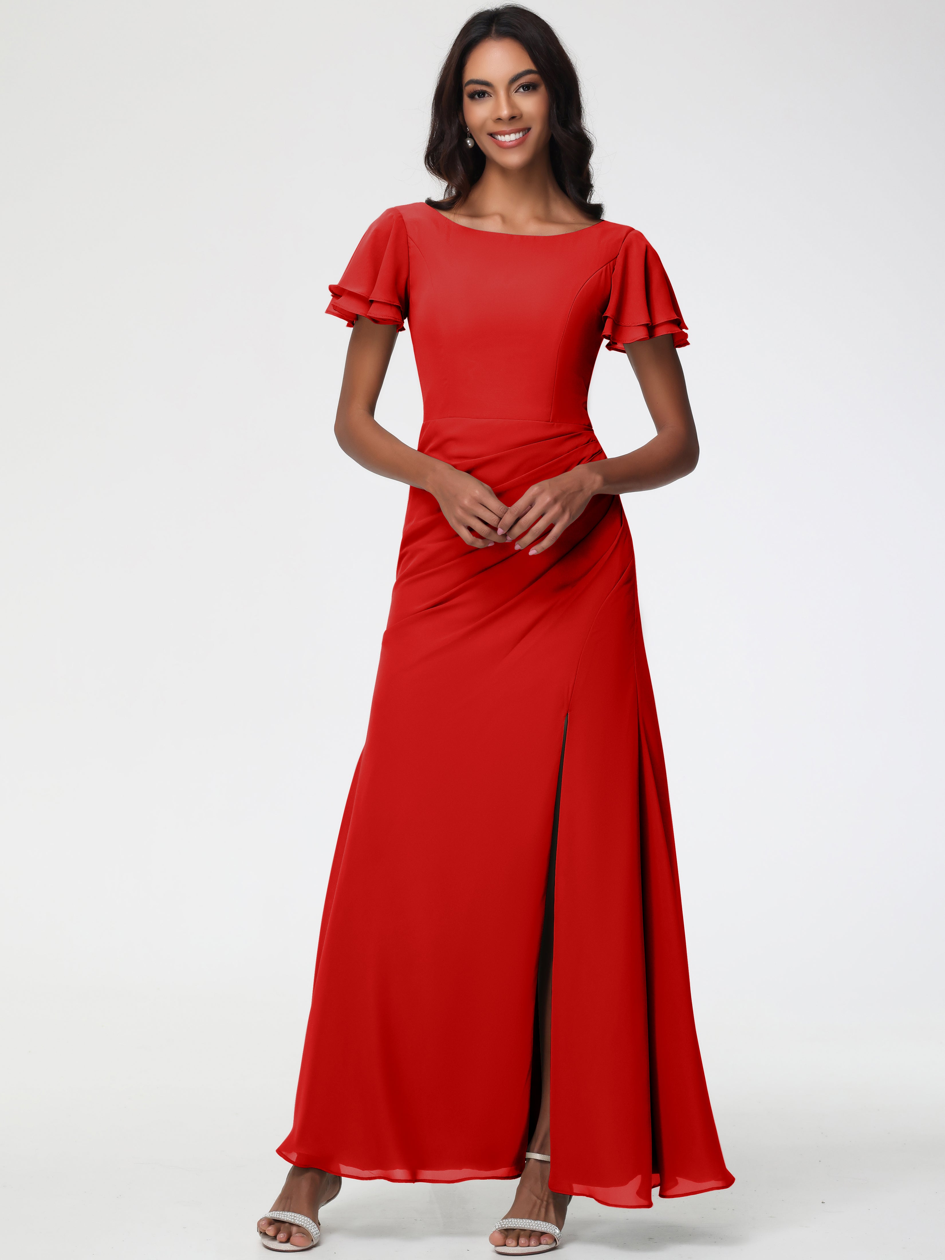 Sheath/Column Short Sleeves Split Long Chiffon Bridesmaid Dresses (Copy)