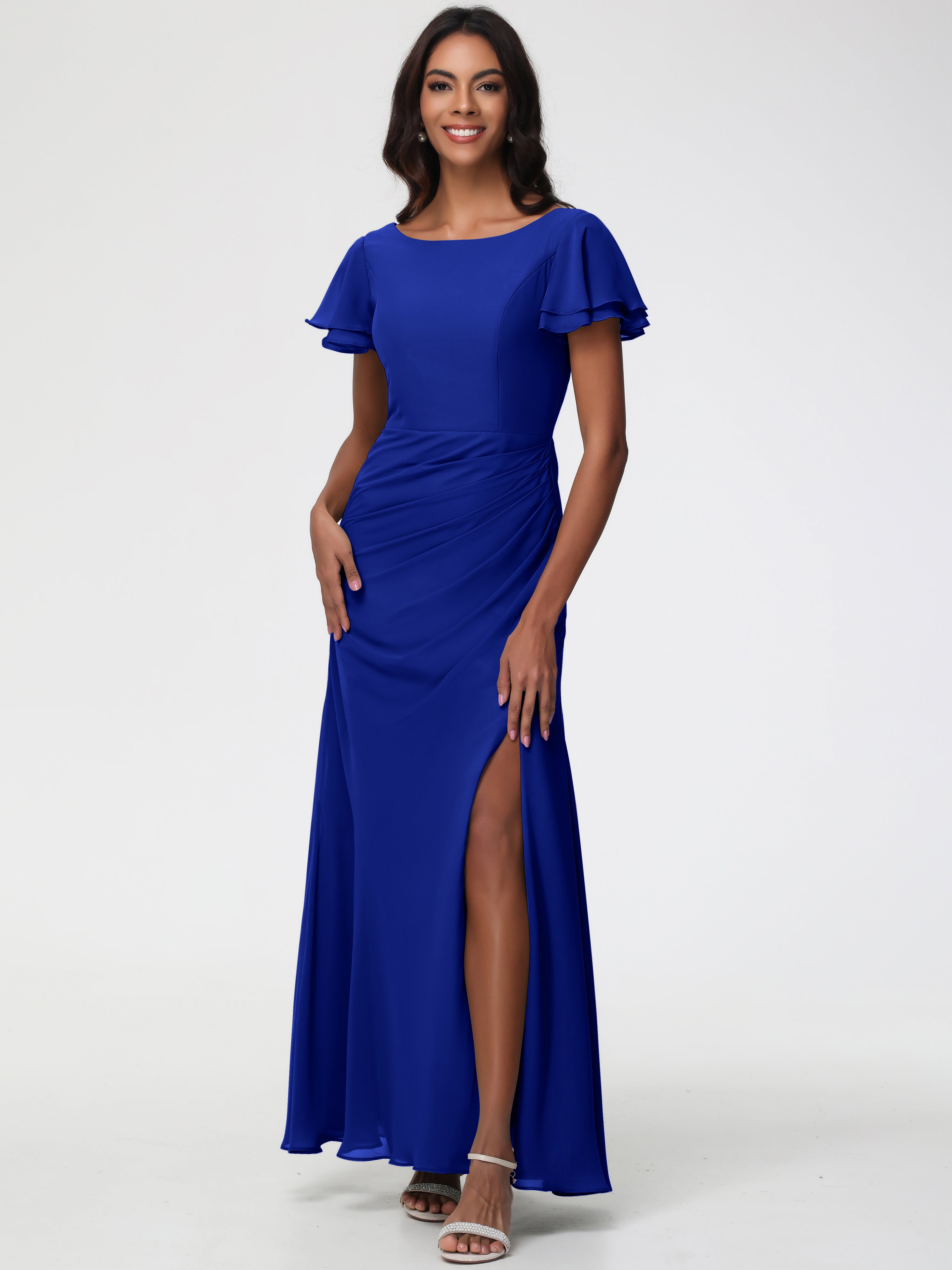 Sheath/Column Short Sleeves Split Long Chiffon Bridesmaid Dresses (Copy)