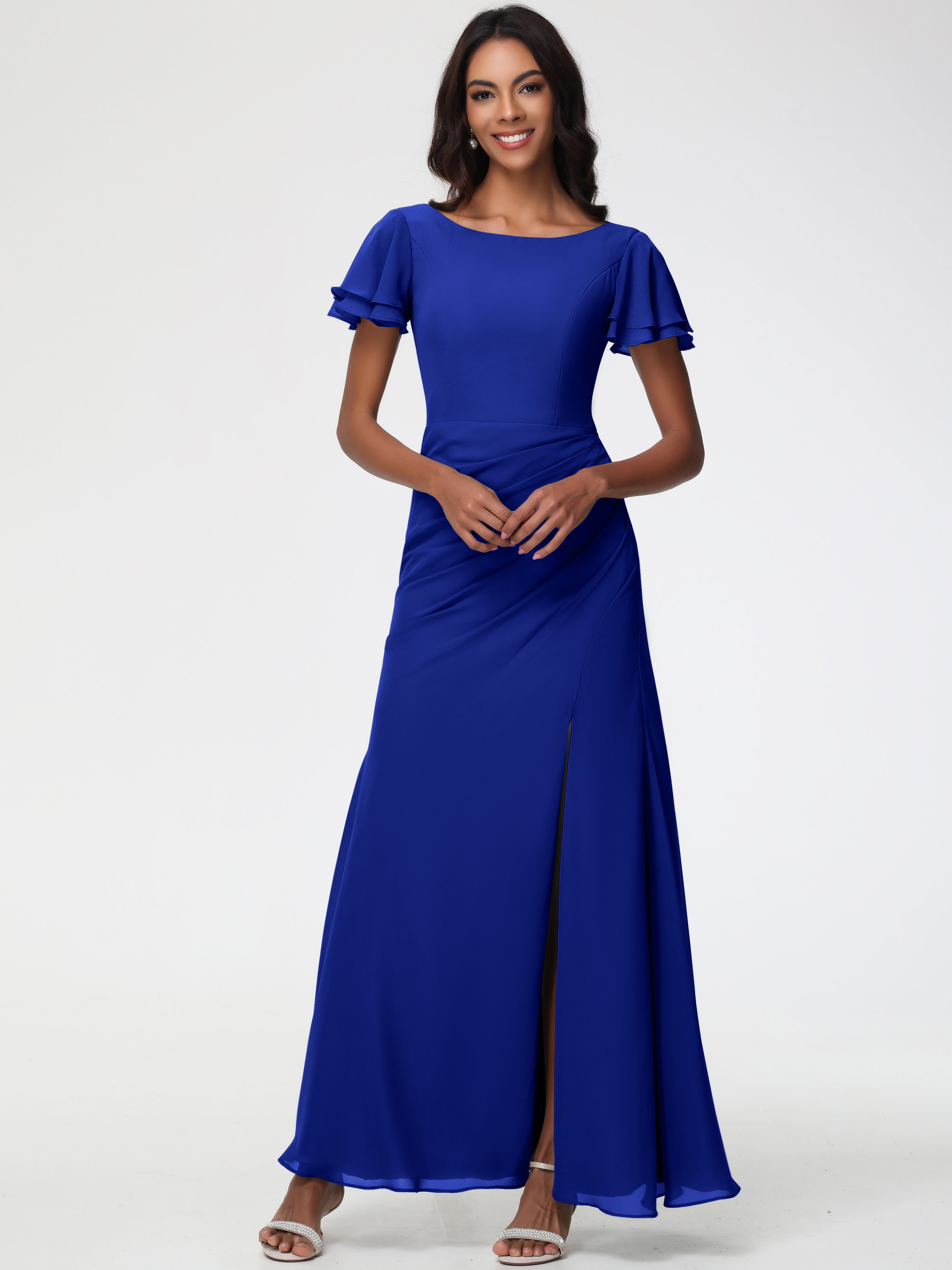 Sheath/Column Short Sleeves Split Long Chiffon Bridesmaid Dresses (Copy)