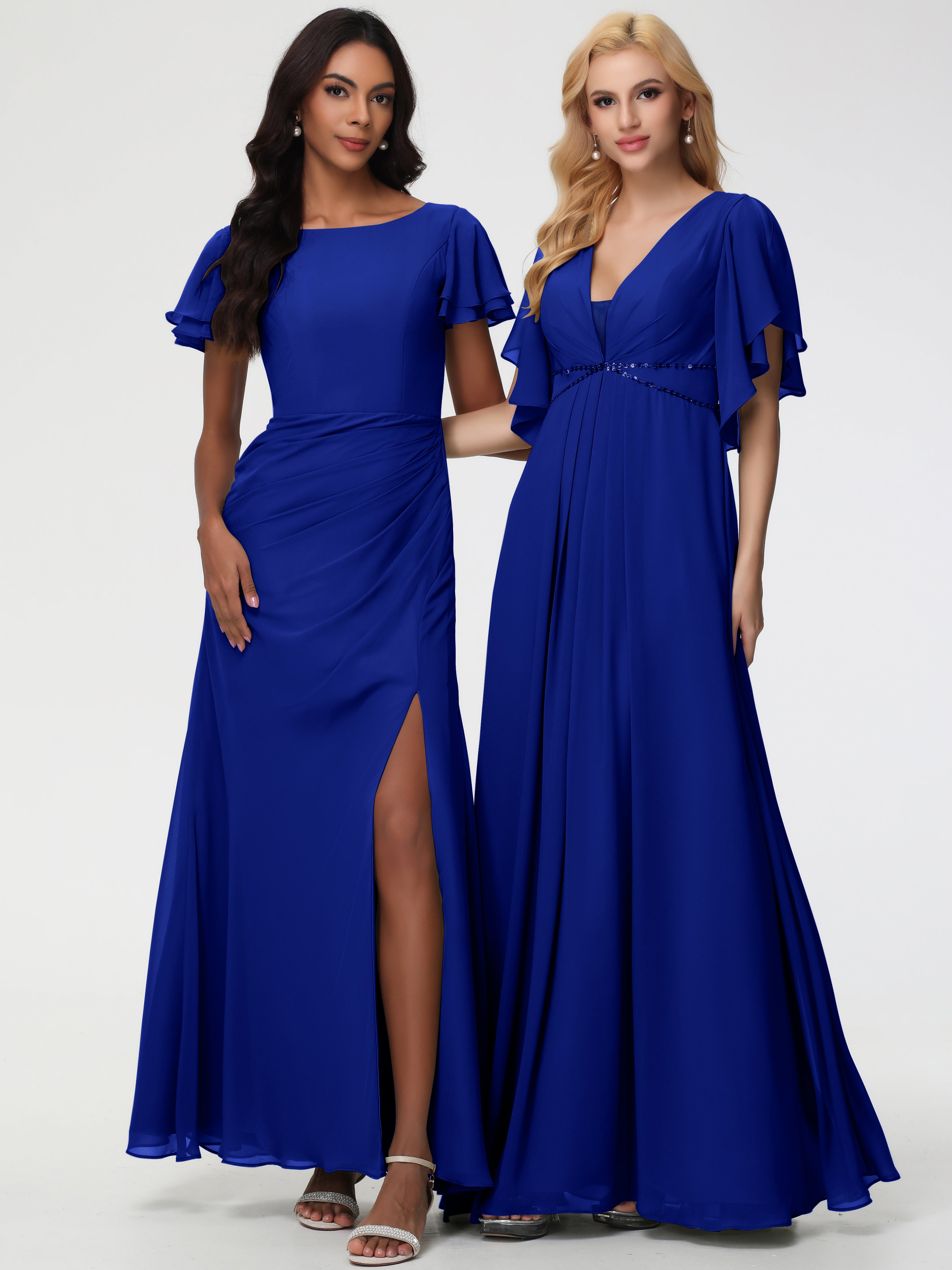Sheath/Column Short Sleeves Split Long Chiffon Bridesmaid Dresses (Copy)