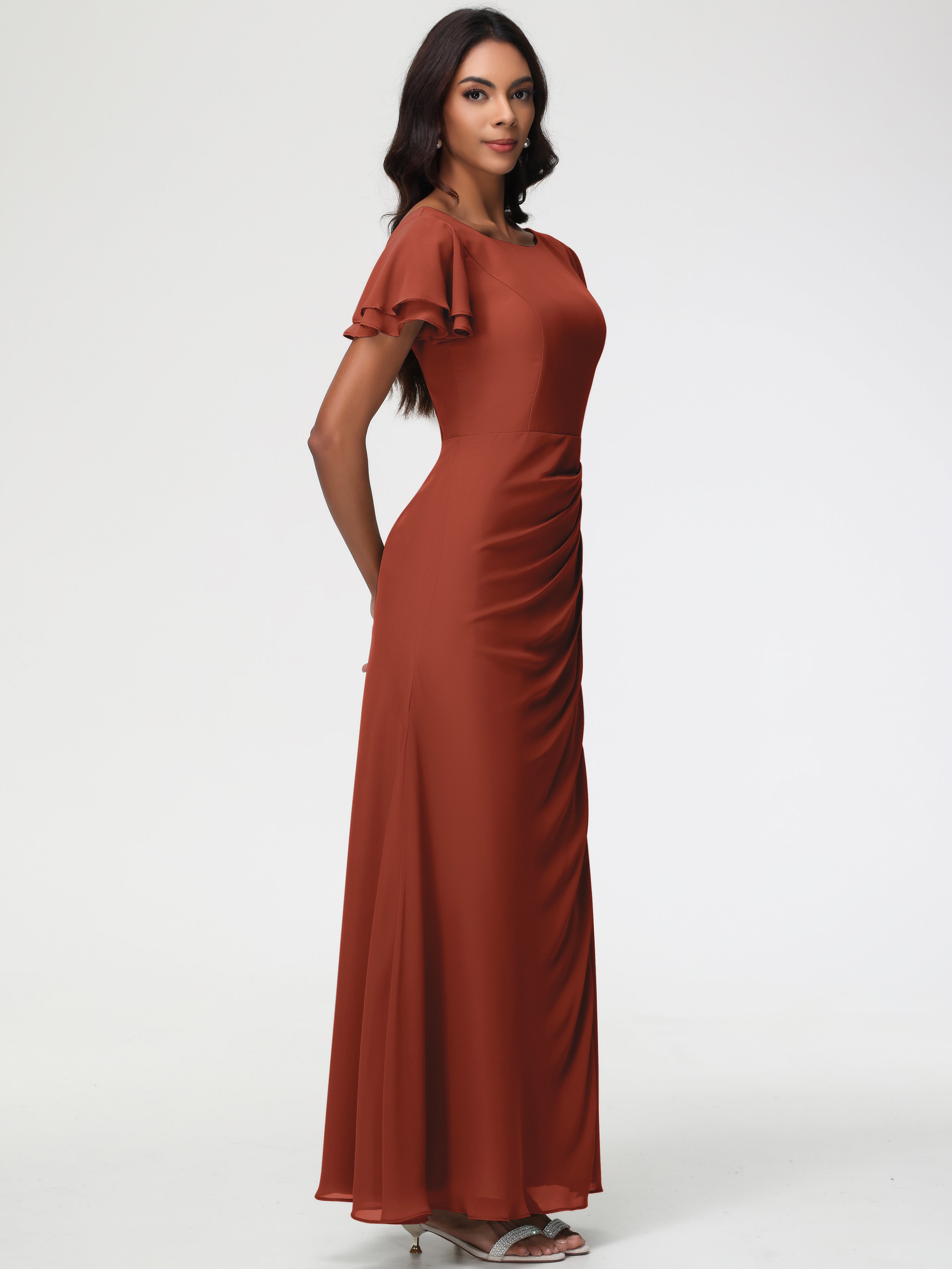 Sheath/Column Short Sleeves Split Long Chiffon Bridesmaid Dresses (Copy)
