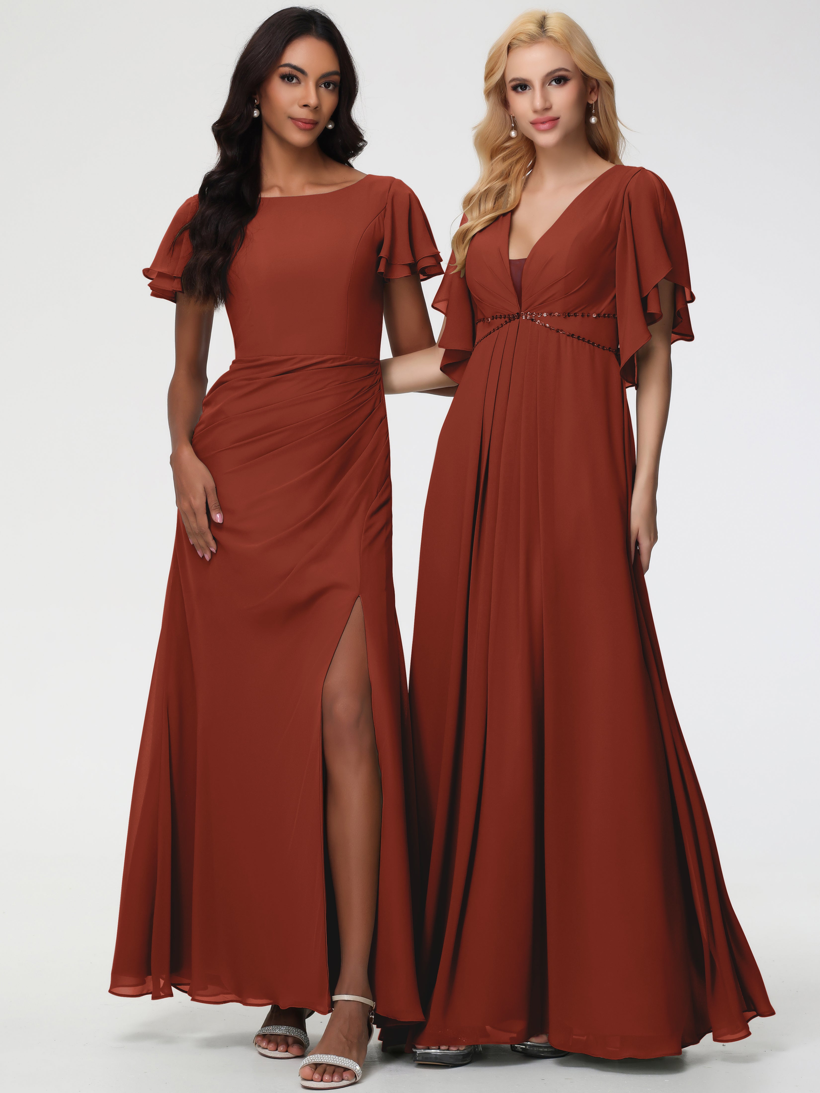 Sheath/Column Short Sleeves Split Long Chiffon Bridesmaid Dresses (Copy)