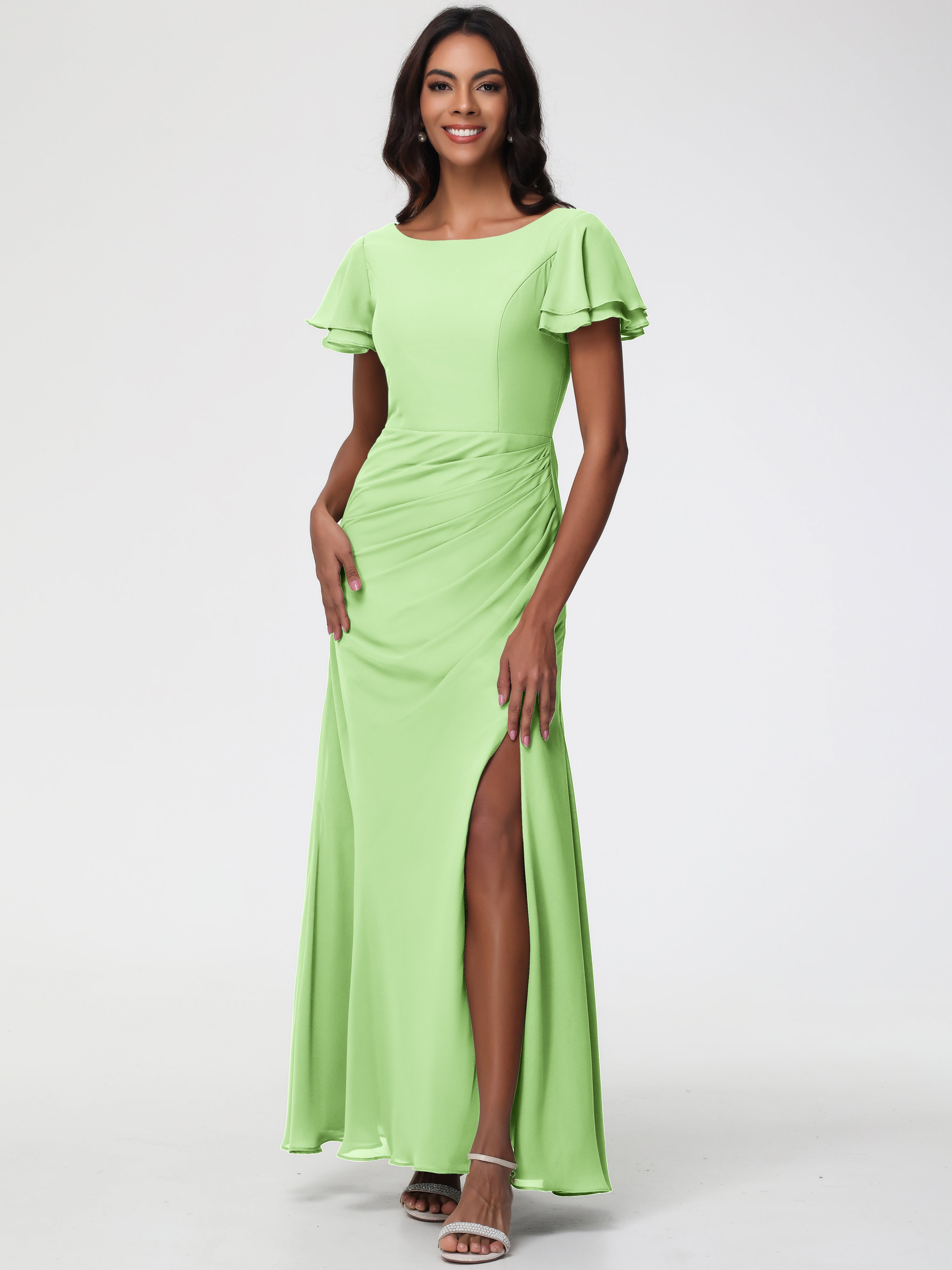 Sheath/Column Short Sleeves Split Long Chiffon Bridesmaid Dresses (Copy)