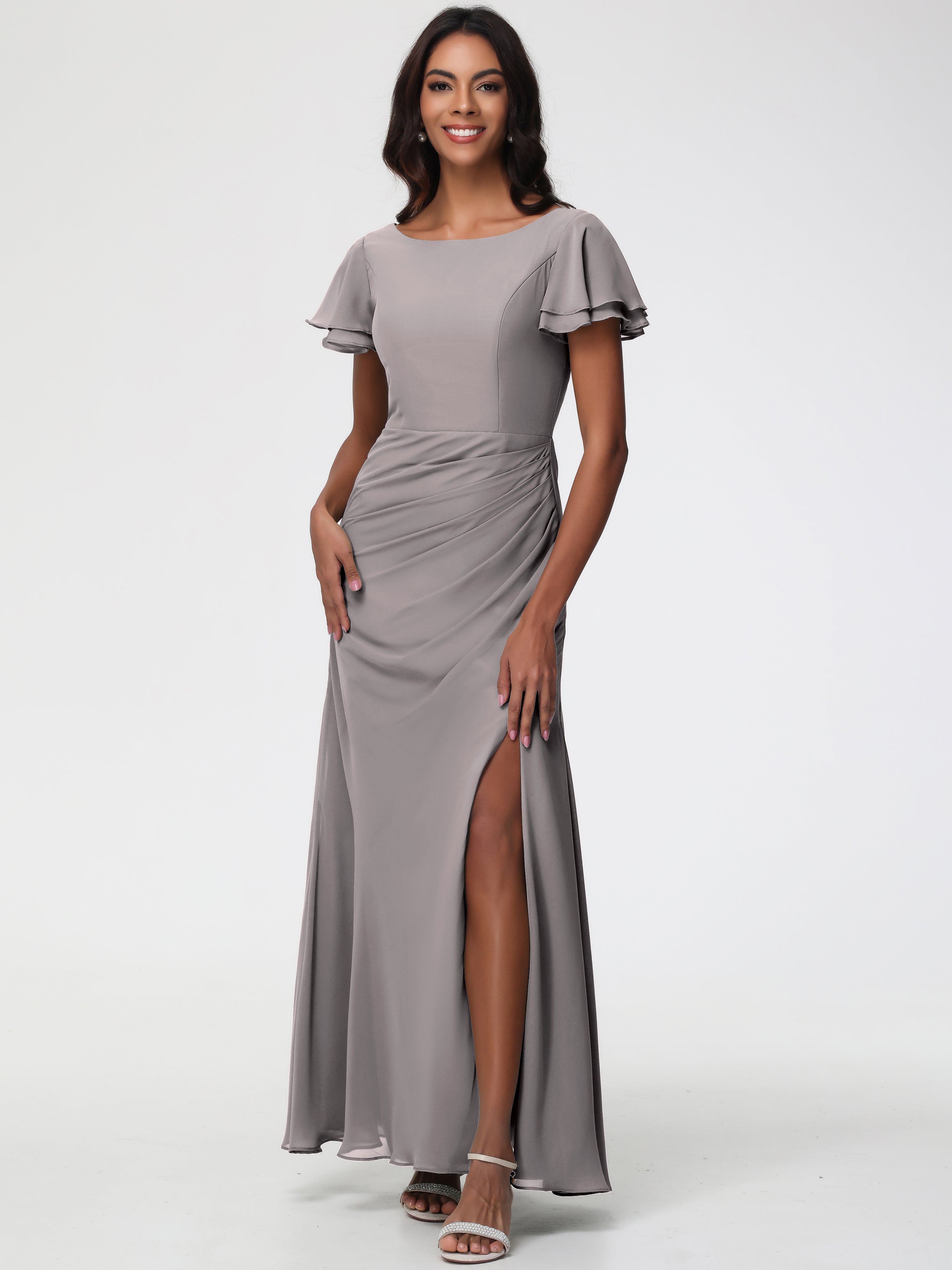 Sheath/Column Short Sleeves Split Long Chiffon Bridesmaid Dresses (Copy)