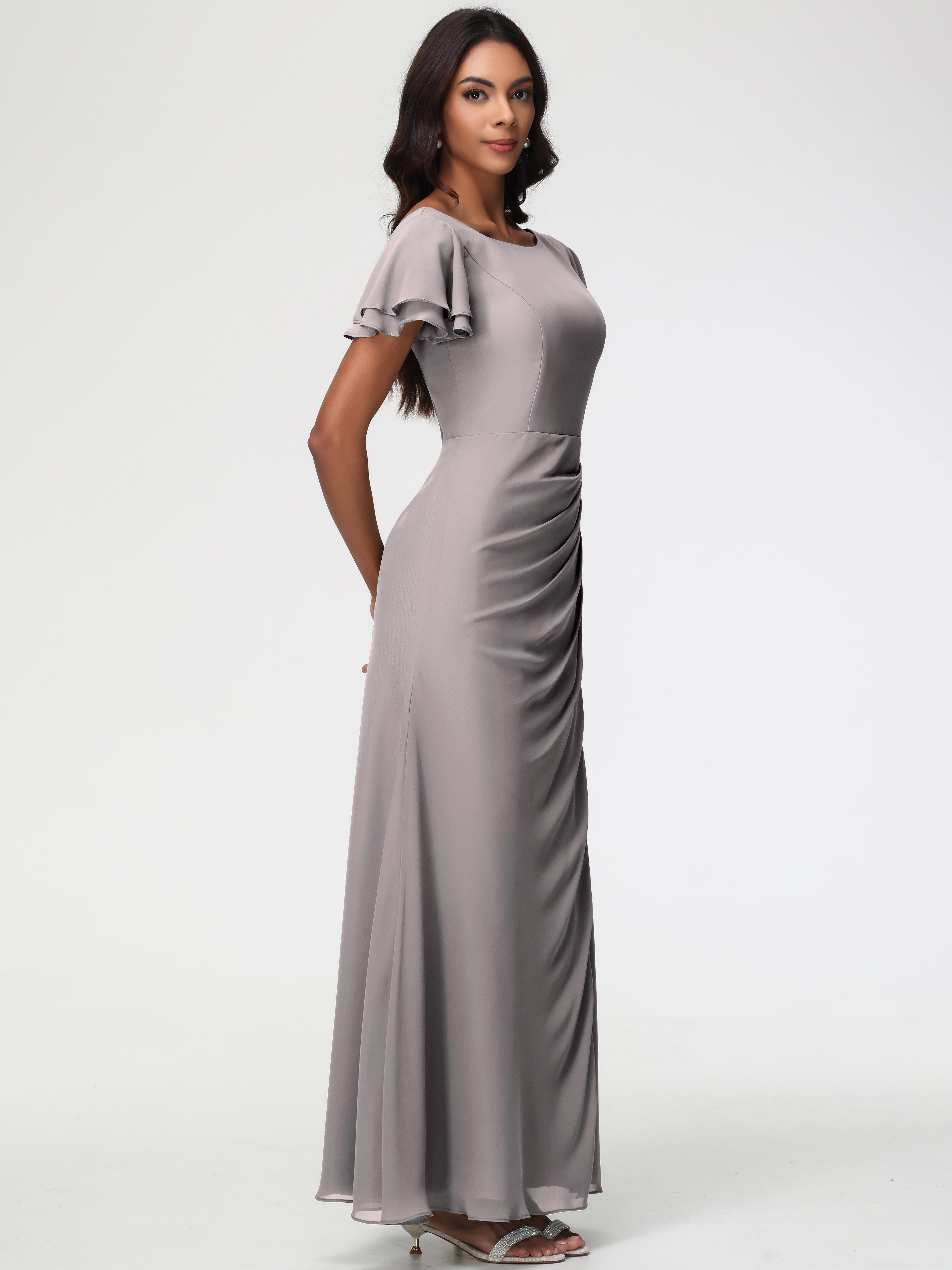 Sheath/Column Short Sleeves Split Long Chiffon Bridesmaid Dresses (Copy)