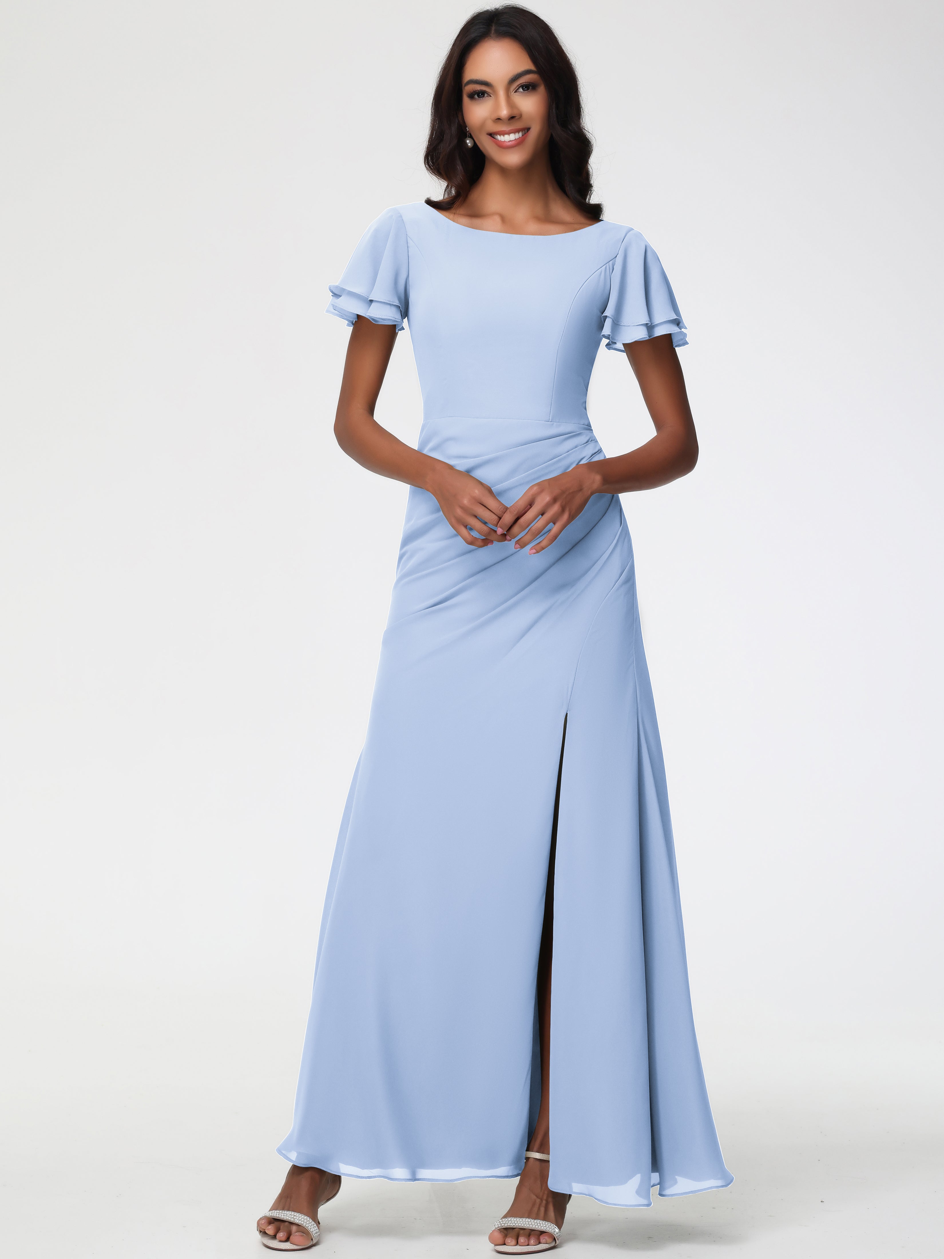 Sheath/Column Short Sleeves Split Long Chiffon Bridesmaid Dresses (Copy)