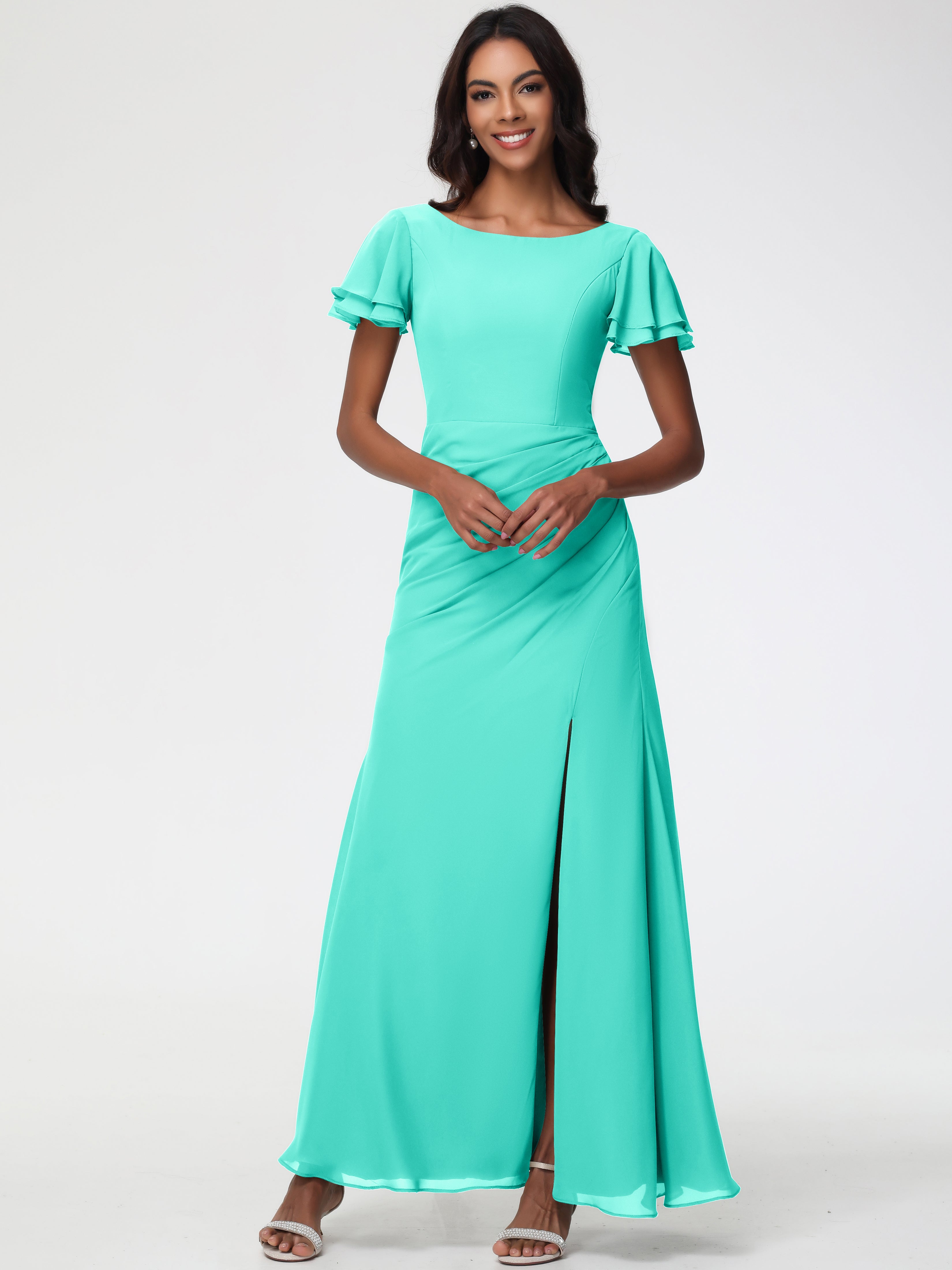 Sheath/Column Short Sleeves Split Long Chiffon Bridesmaid Dresses (Copy)