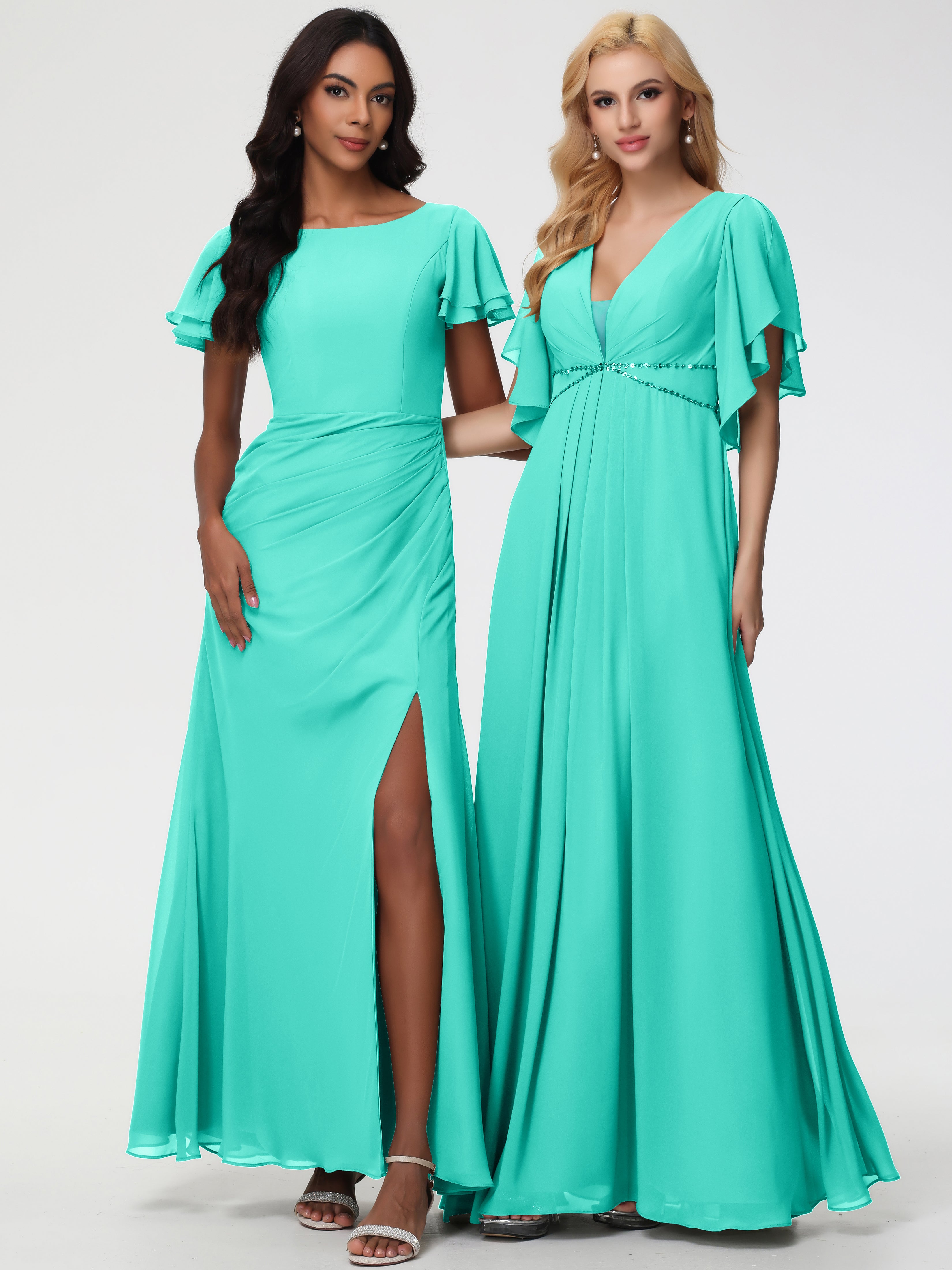 Sheath/Column Short Sleeves Split Long Chiffon Bridesmaid Dresses (Copy)