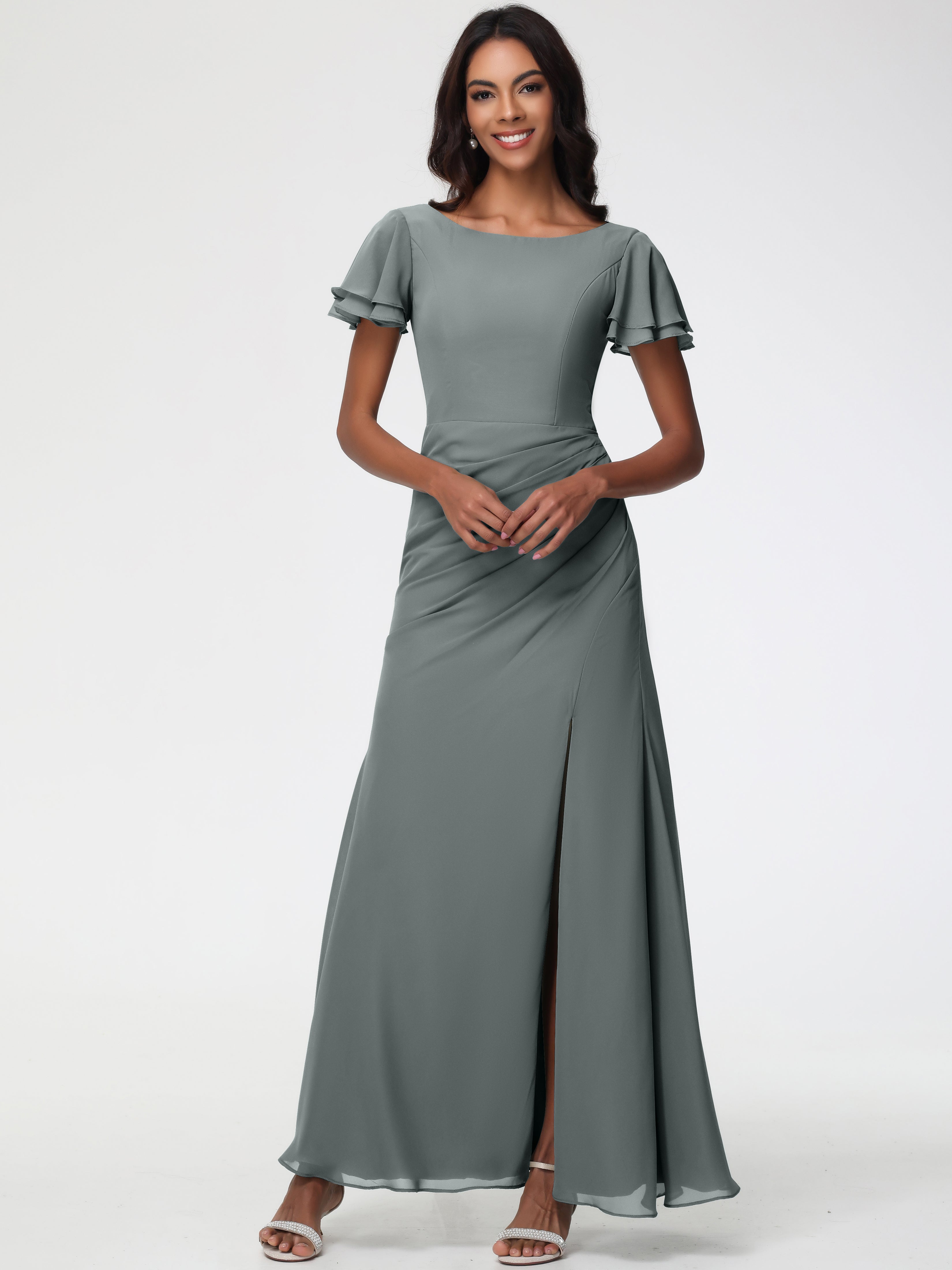 Sheath/Column Short Sleeves Split Long Chiffon Bridesmaid Dresses (Copy)