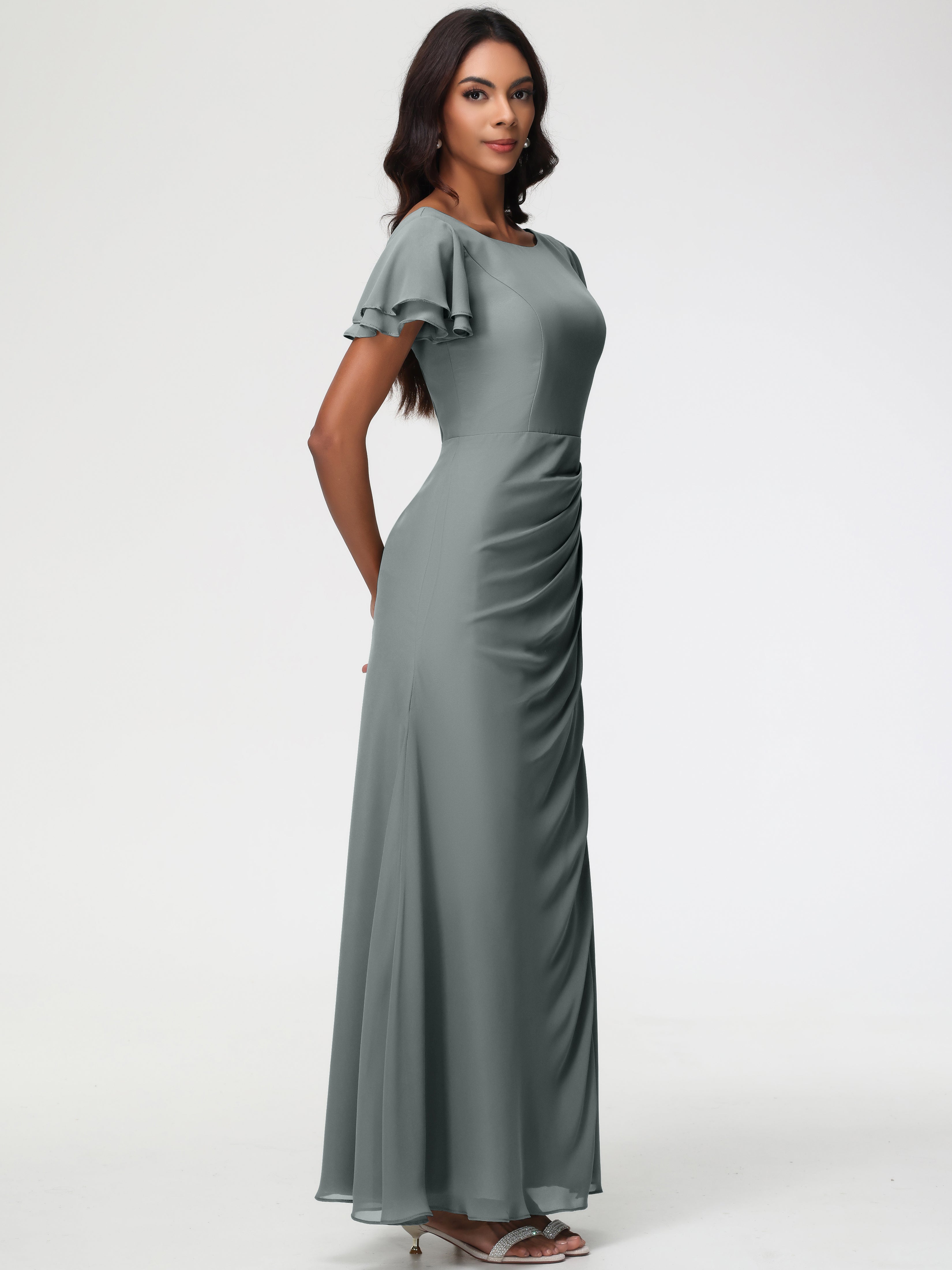 Sheath/Column Short Sleeves Split Long Chiffon Bridesmaid Dresses (Copy)