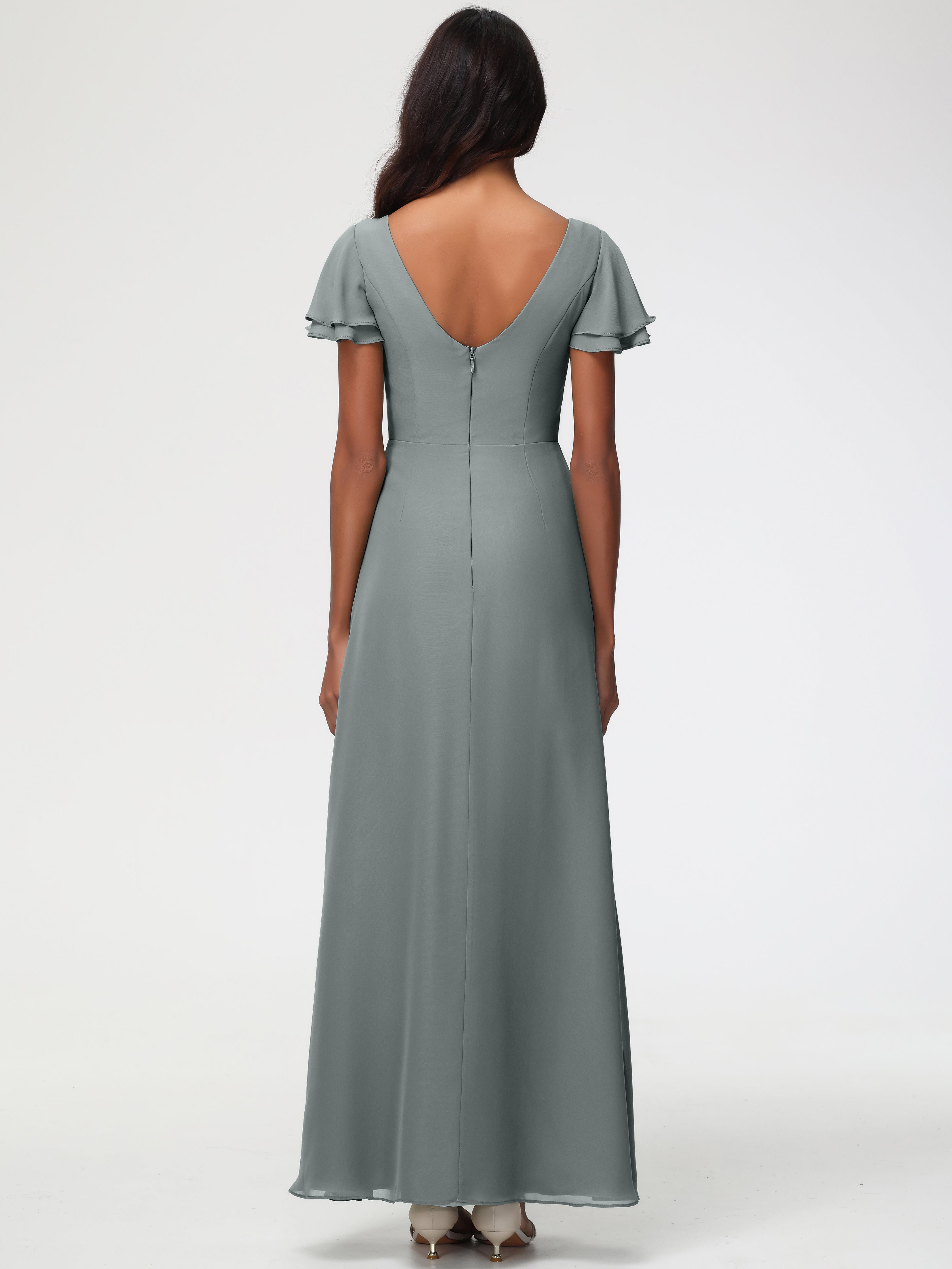Sheath/Column Short Sleeves Split Long Chiffon Bridesmaid Dresses (Copy)
