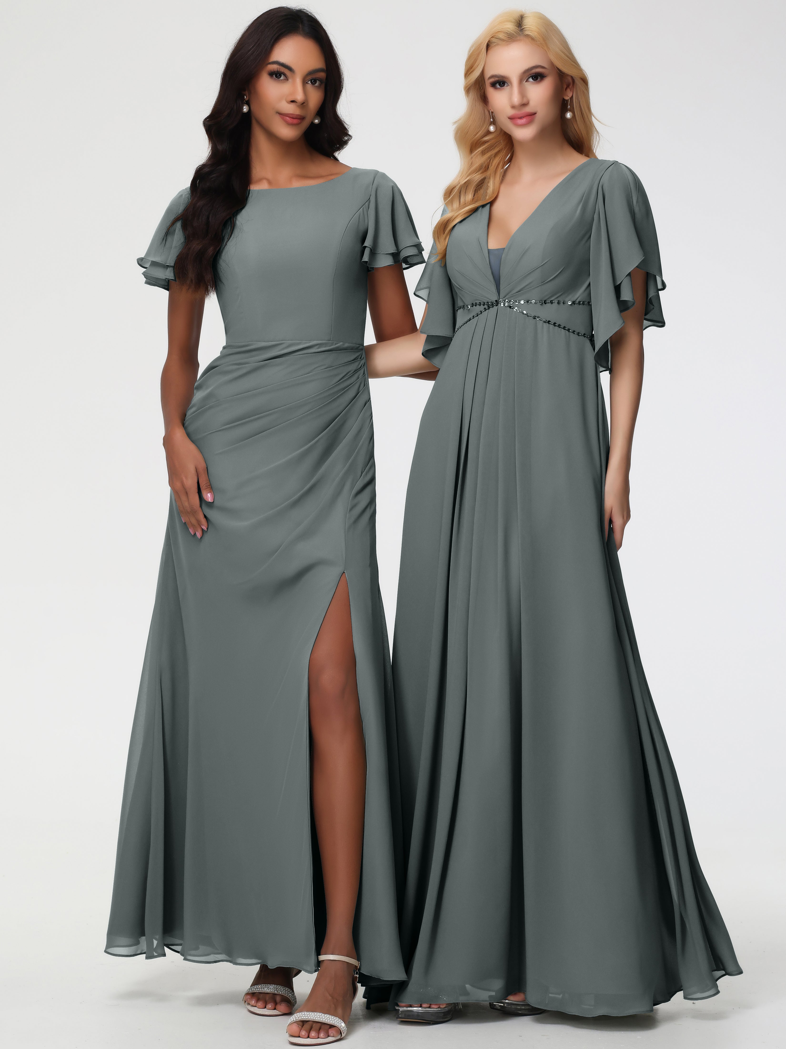 Sheath/Column Short Sleeves Split Long Chiffon Bridesmaid Dresses (Copy)