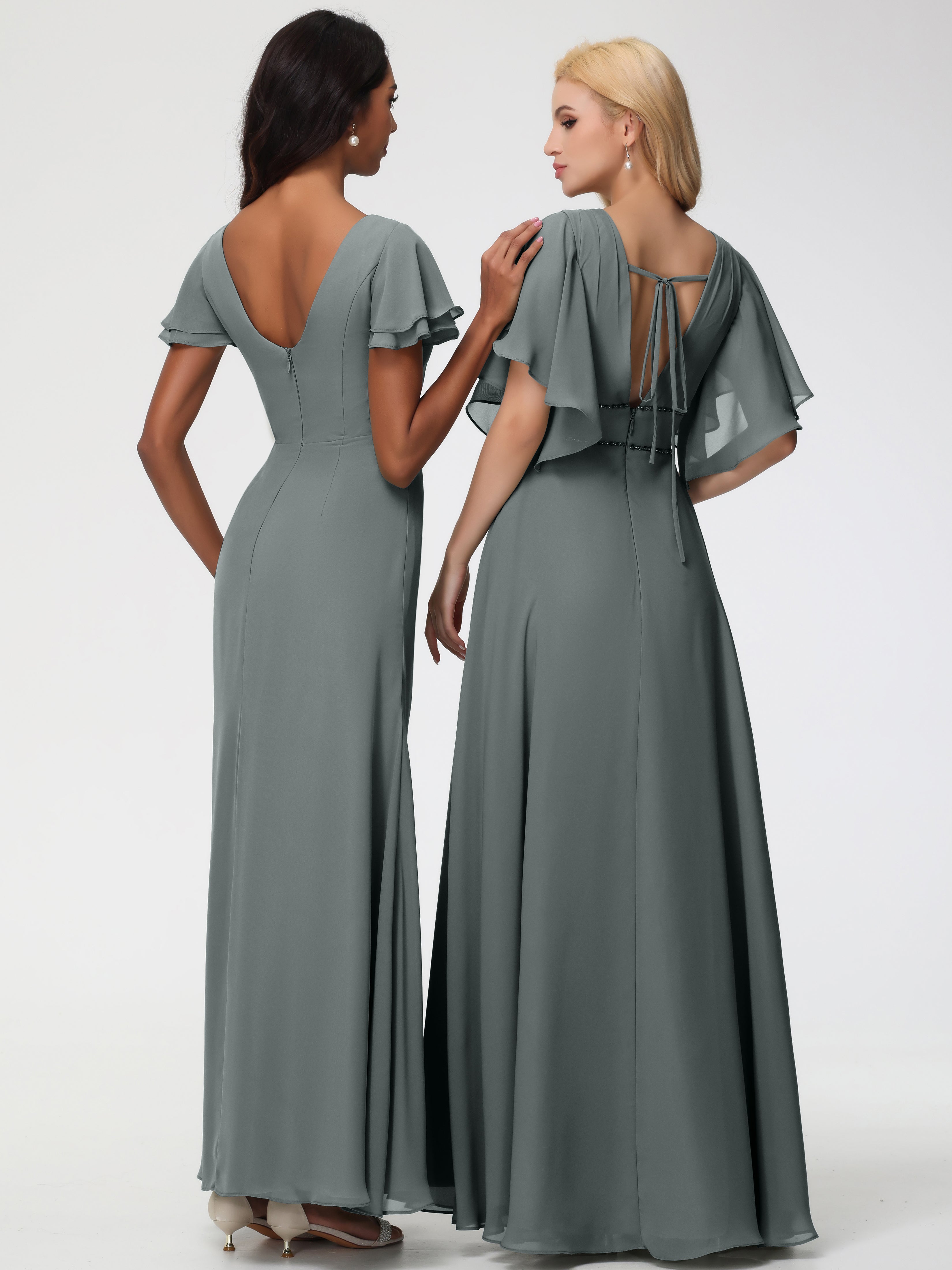 Sheath/Column Short Sleeves Split Long Chiffon Bridesmaid Dresses (Copy)
