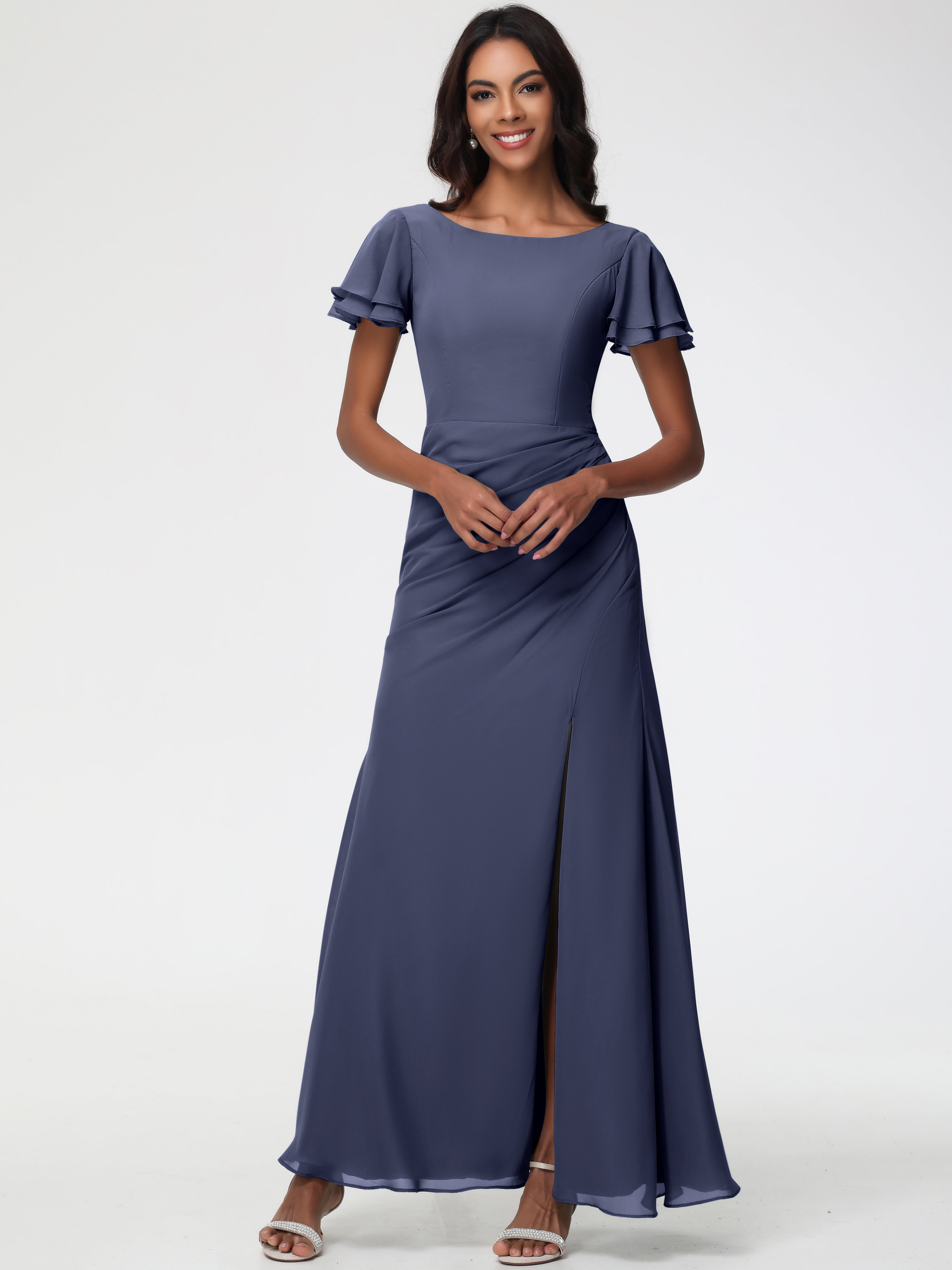 Sheath/Column Short Sleeves Split Long Chiffon Bridesmaid Dresses (Copy)