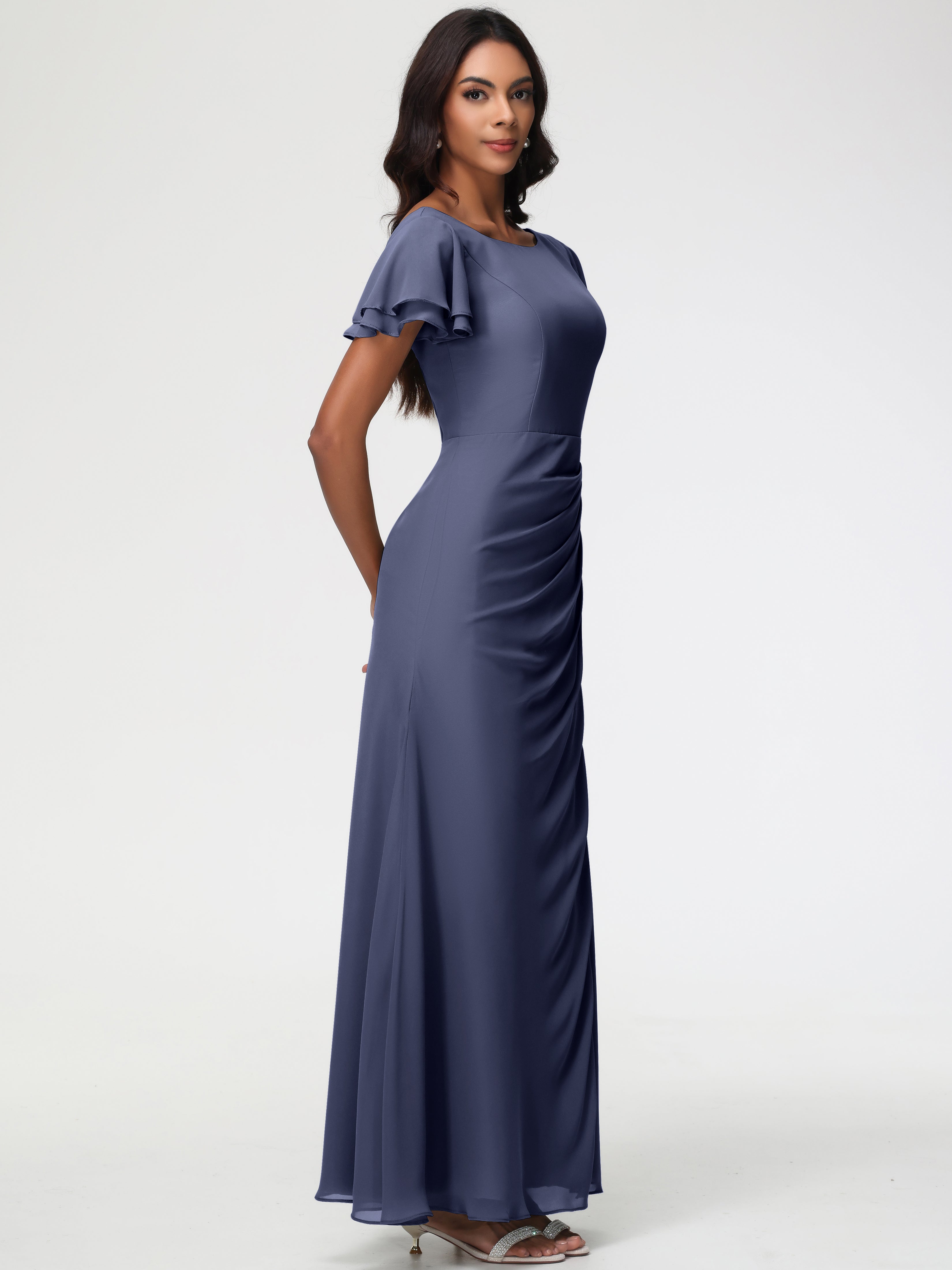 Sheath/Column Short Sleeves Split Long Chiffon Bridesmaid Dresses (Copy)