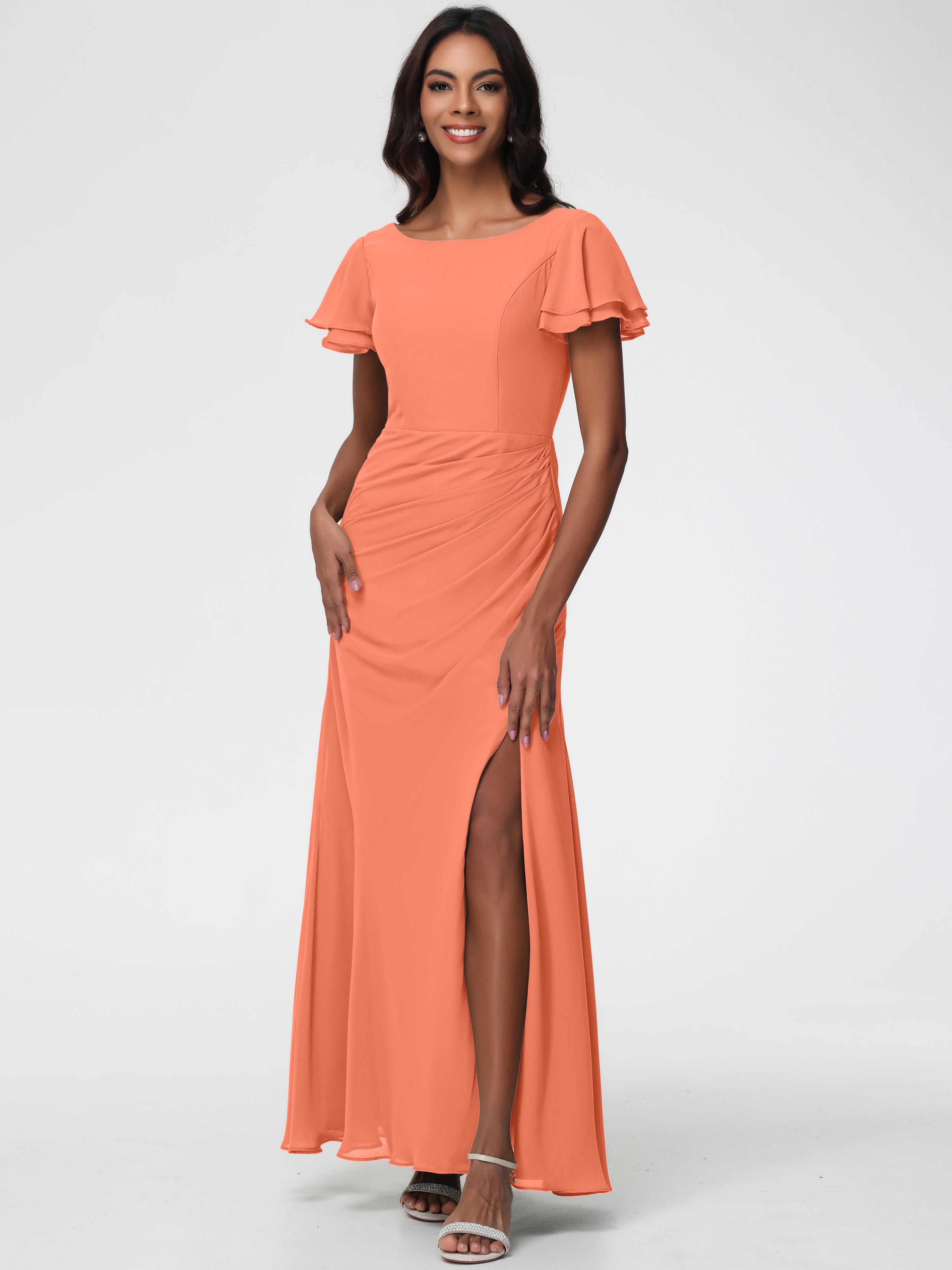 Sheath/Column Short Sleeves Split Long Chiffon Bridesmaid Dresses (Copy)