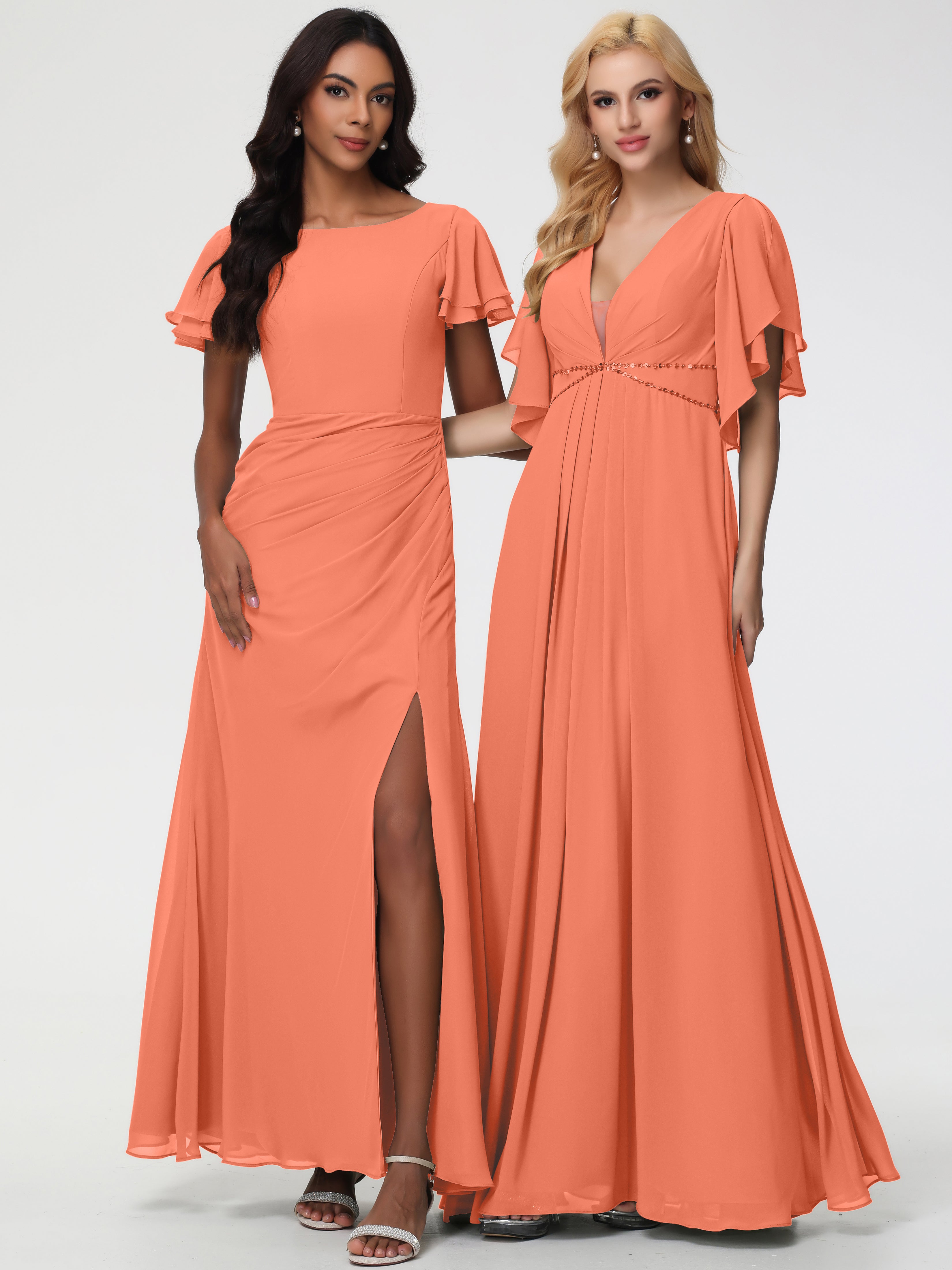 Sheath/Column Short Sleeves Split Long Chiffon Bridesmaid Dresses (Copy)
