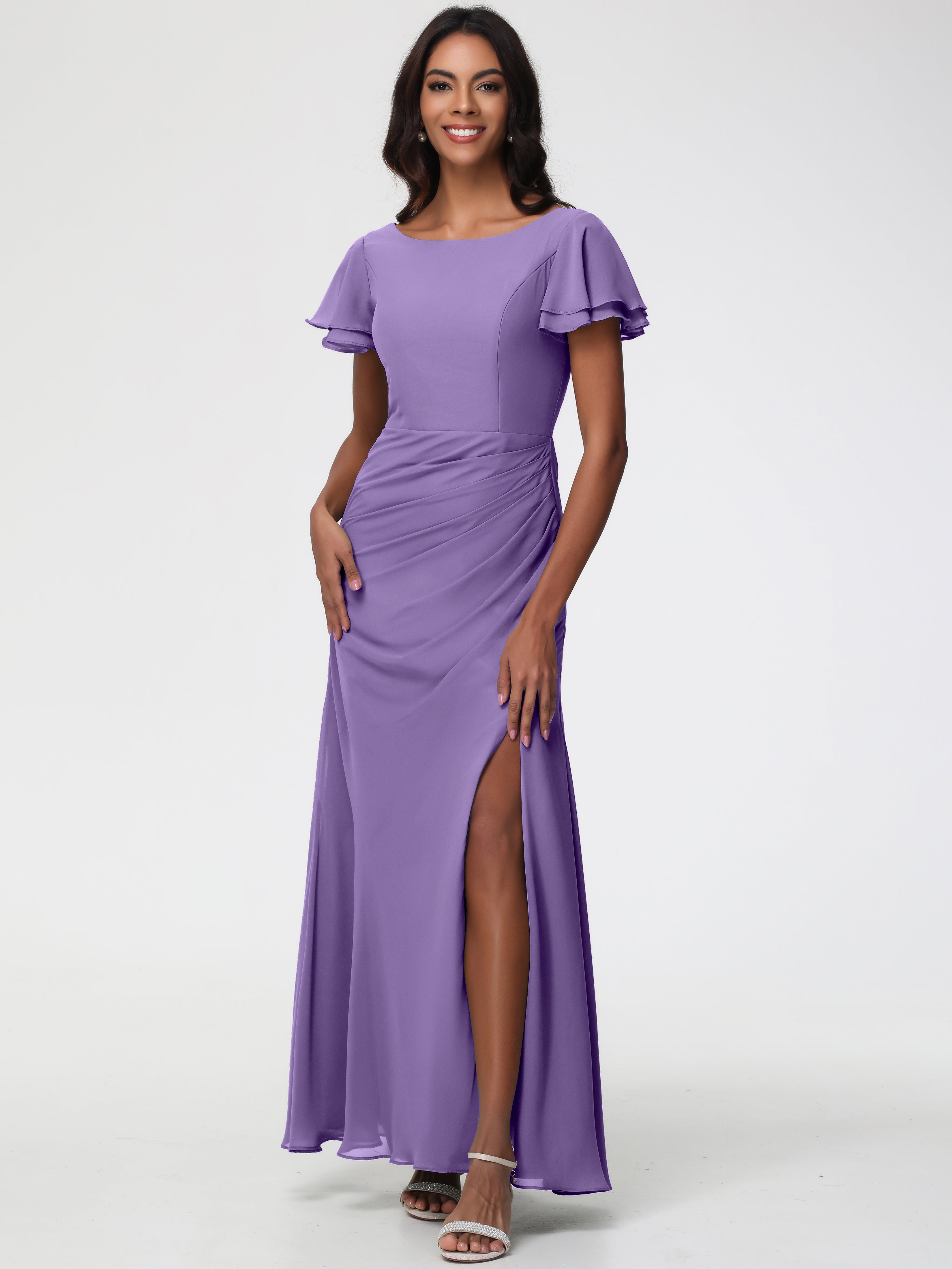 Sheath/Column Short Sleeves Split Long Chiffon Bridesmaid Dresses (Copy)