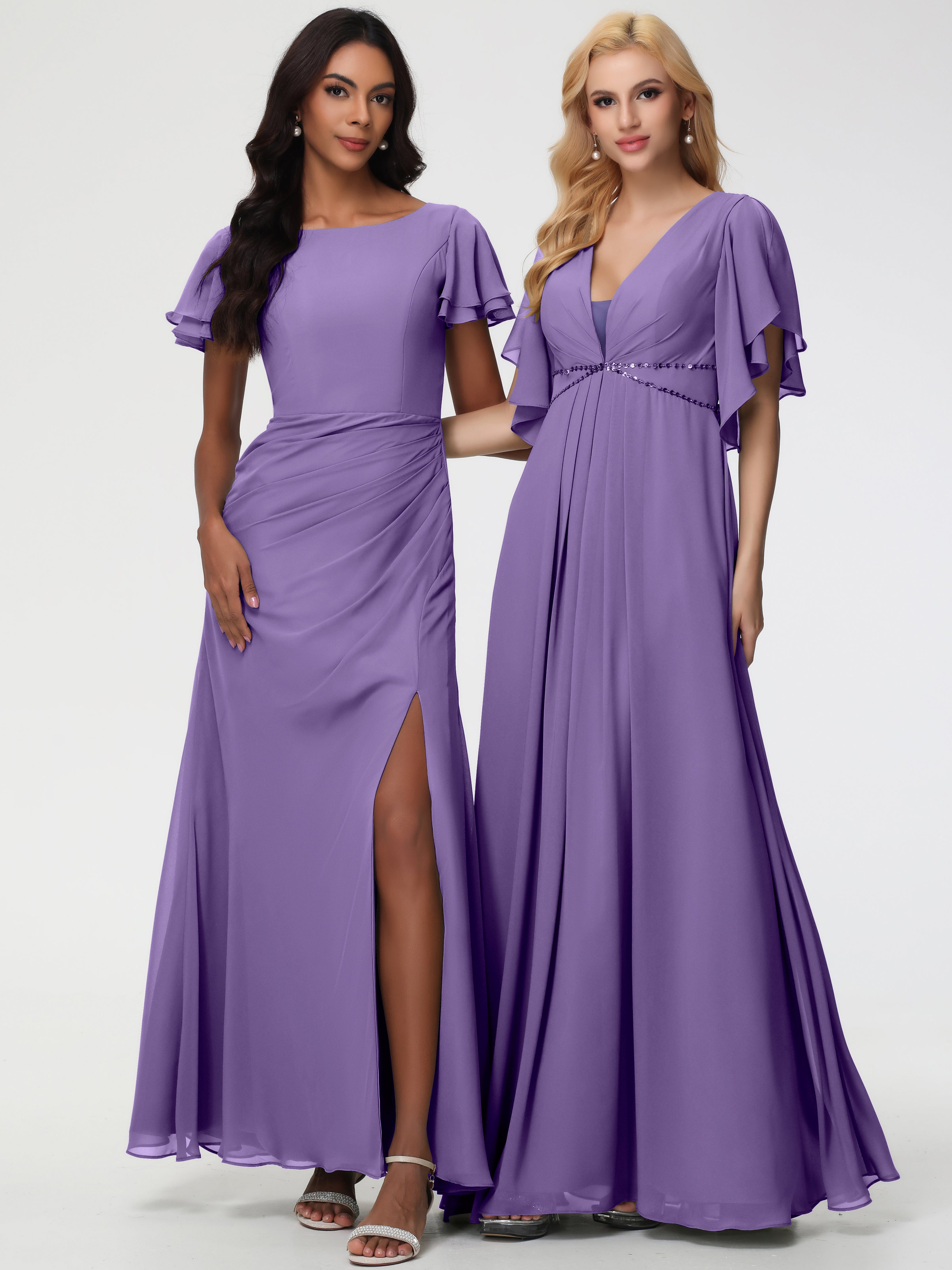 Sheath/Column Short Sleeves Split Long Chiffon Bridesmaid Dresses (Copy)