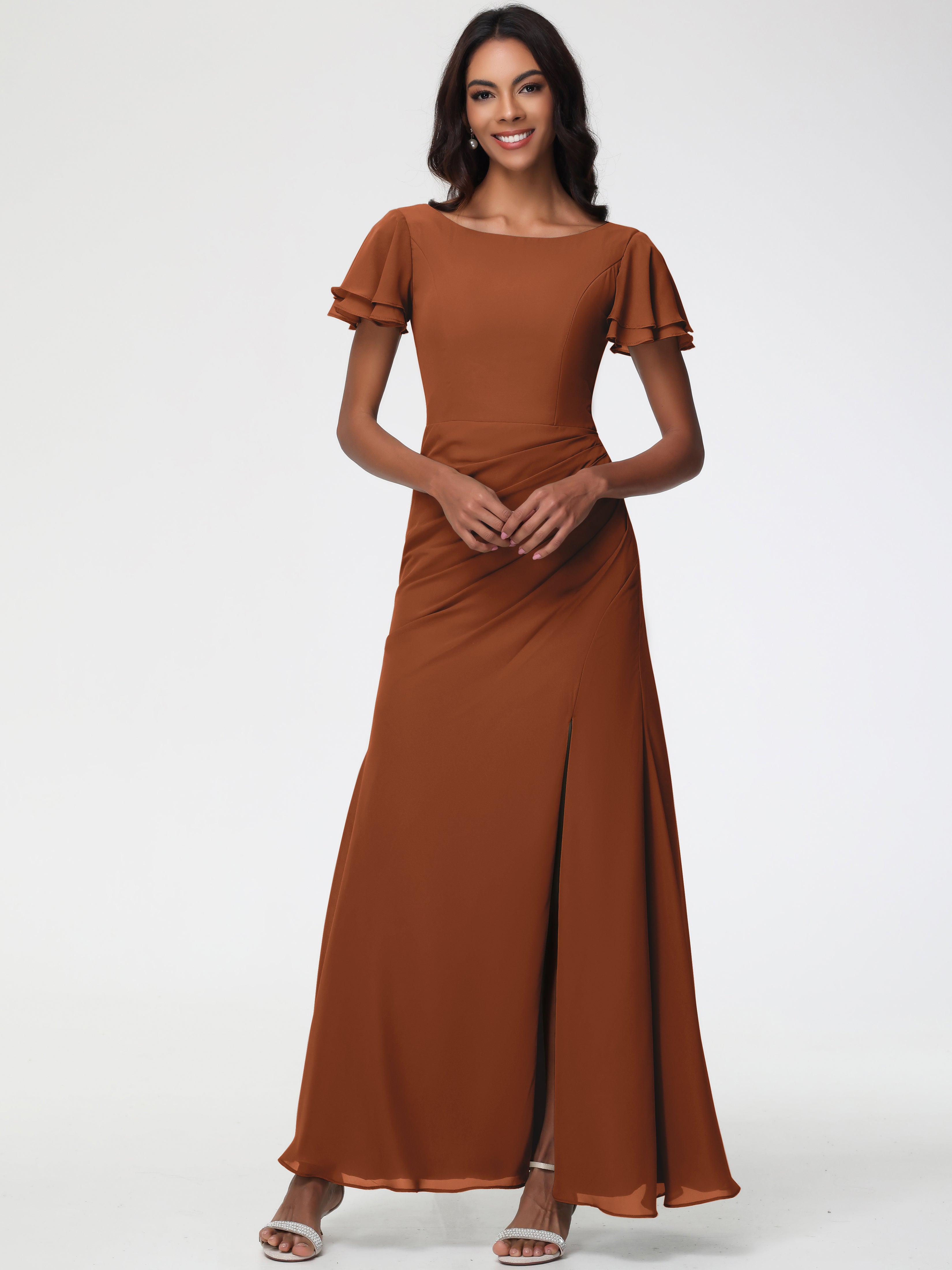 Sheath/Column Short Sleeves Split Long Chiffon Bridesmaid Dresses (Copy)