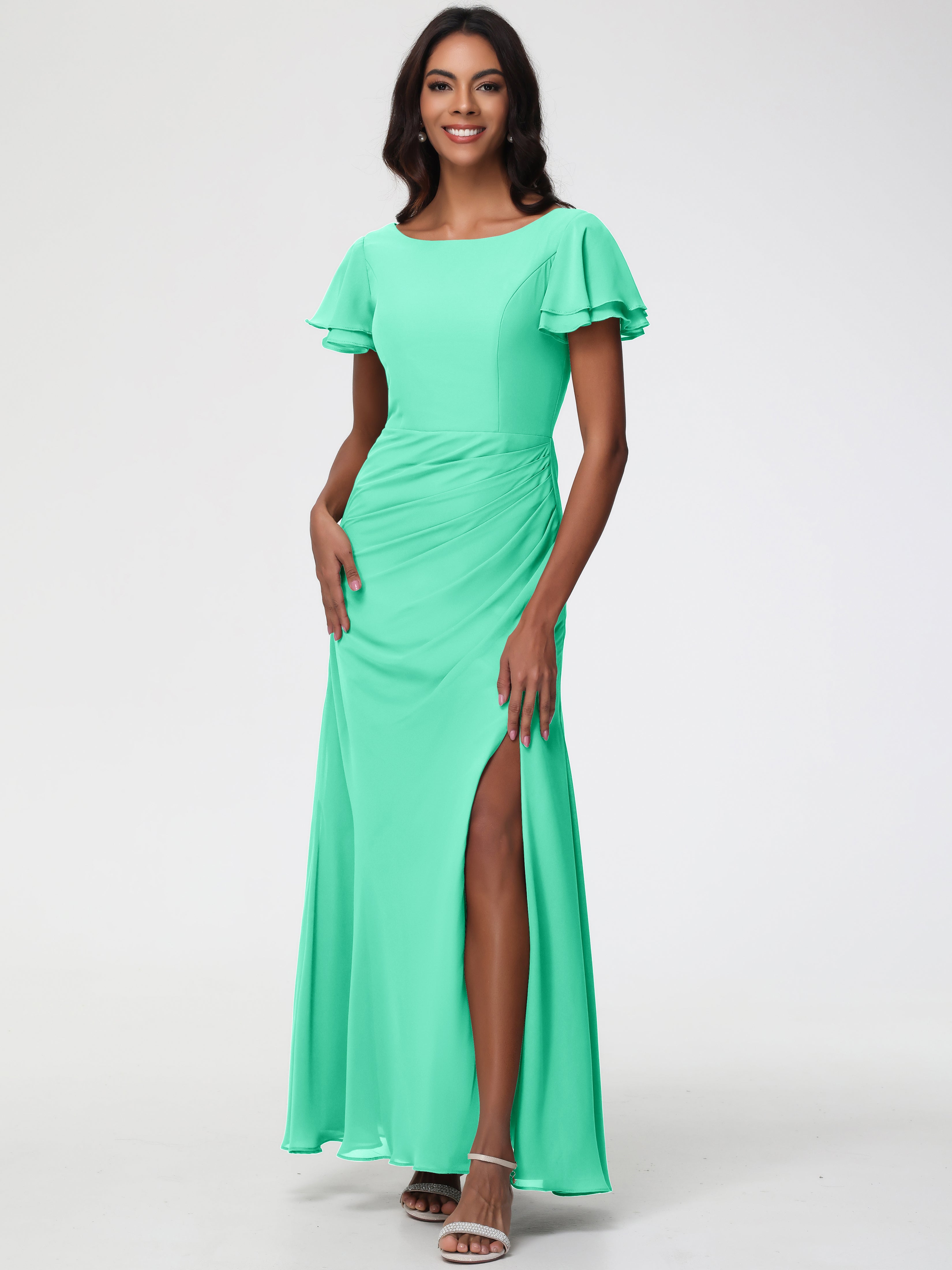 Sheath/Column Short Sleeves Split Long Chiffon Bridesmaid Dresses (Copy)