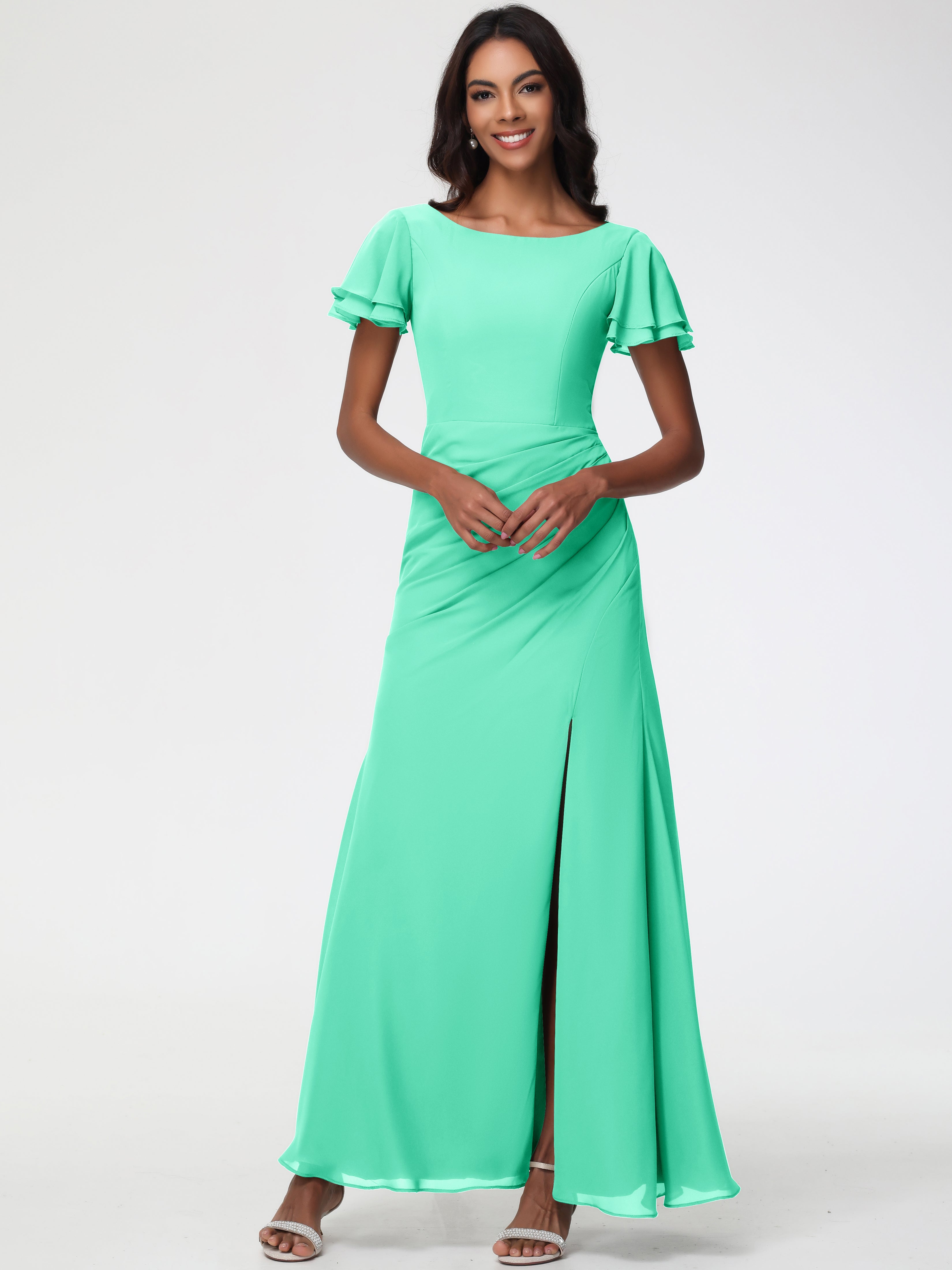 Sheath/Column Short Sleeves Split Long Chiffon Bridesmaid Dresses (Copy)