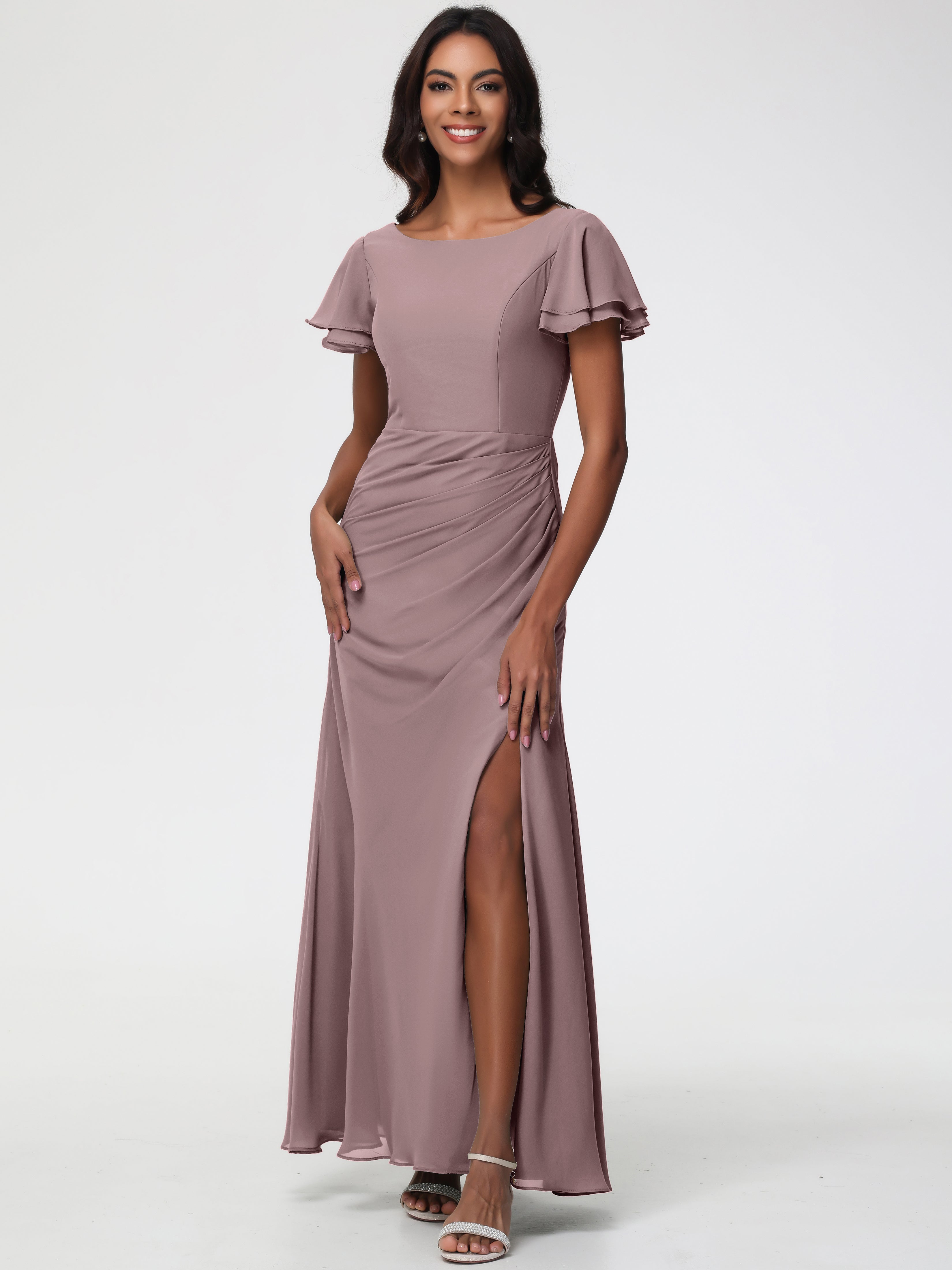 Sheath/Column Short Sleeves Split Long Chiffon Bridesmaid Dresses (Copy)