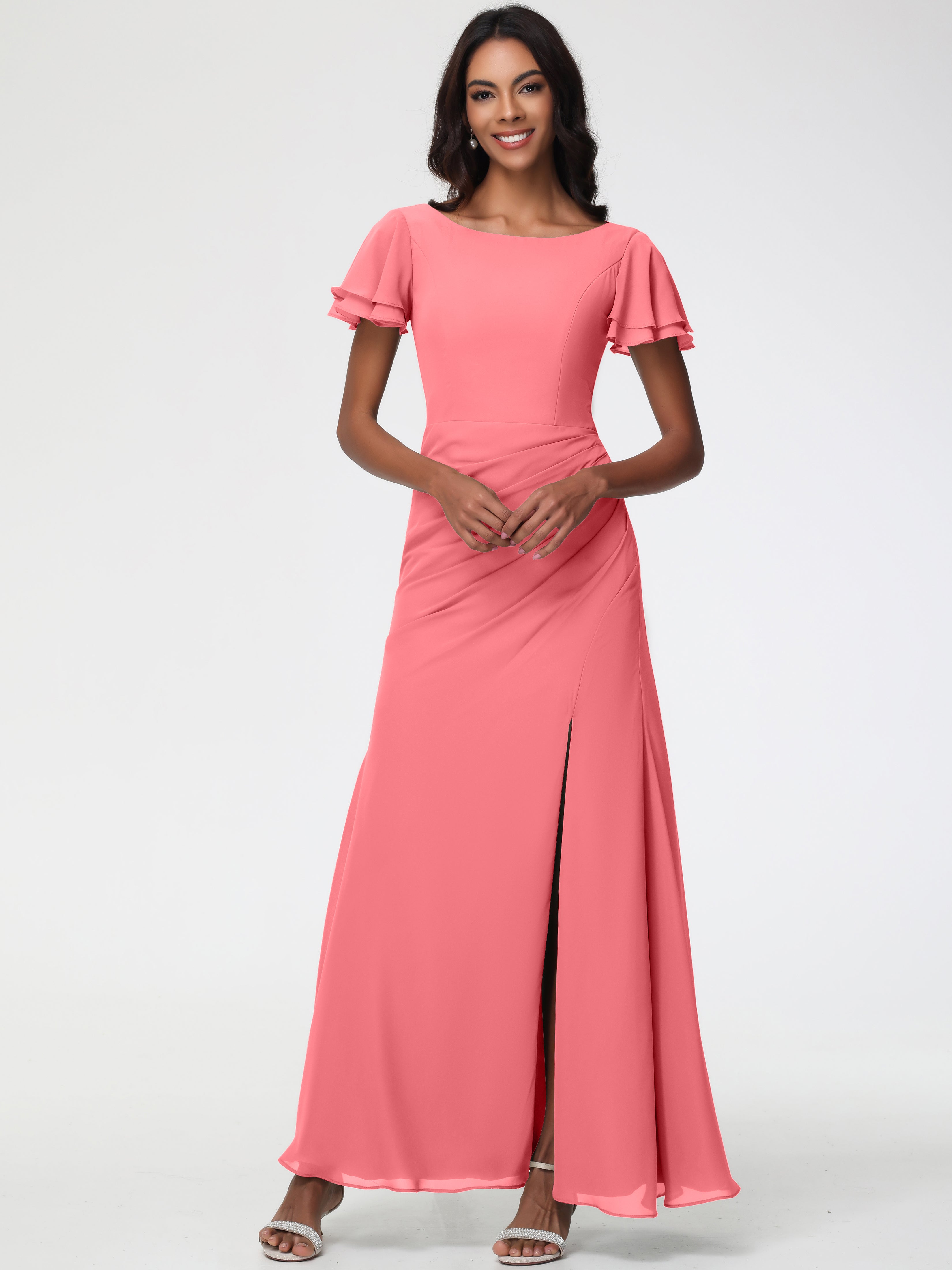 Sheath/Column Short Sleeves Split Long Chiffon Bridesmaid Dresses (Copy)