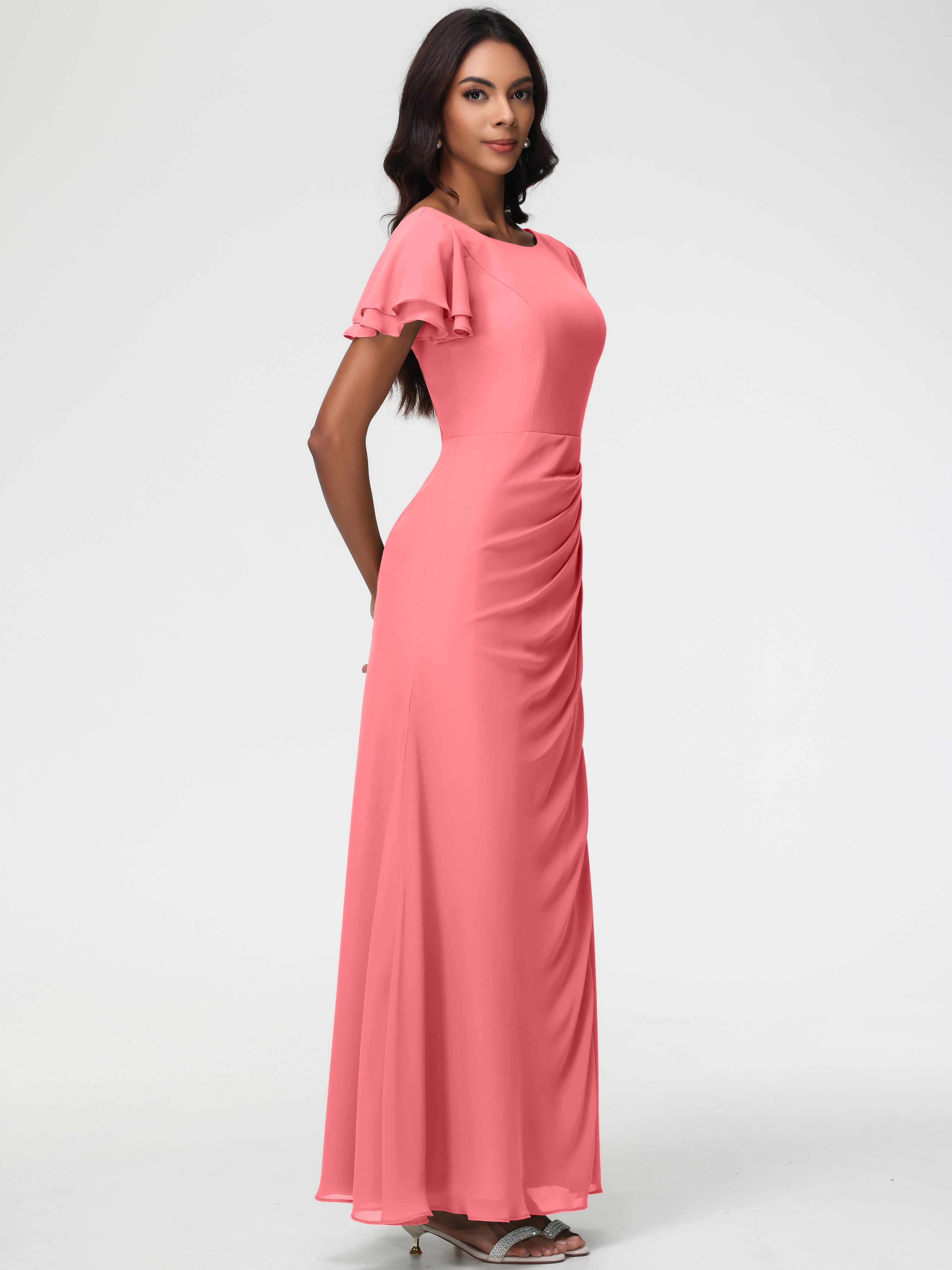 Sheath/Column Short Sleeves Split Long Chiffon Bridesmaid Dresses (Copy)