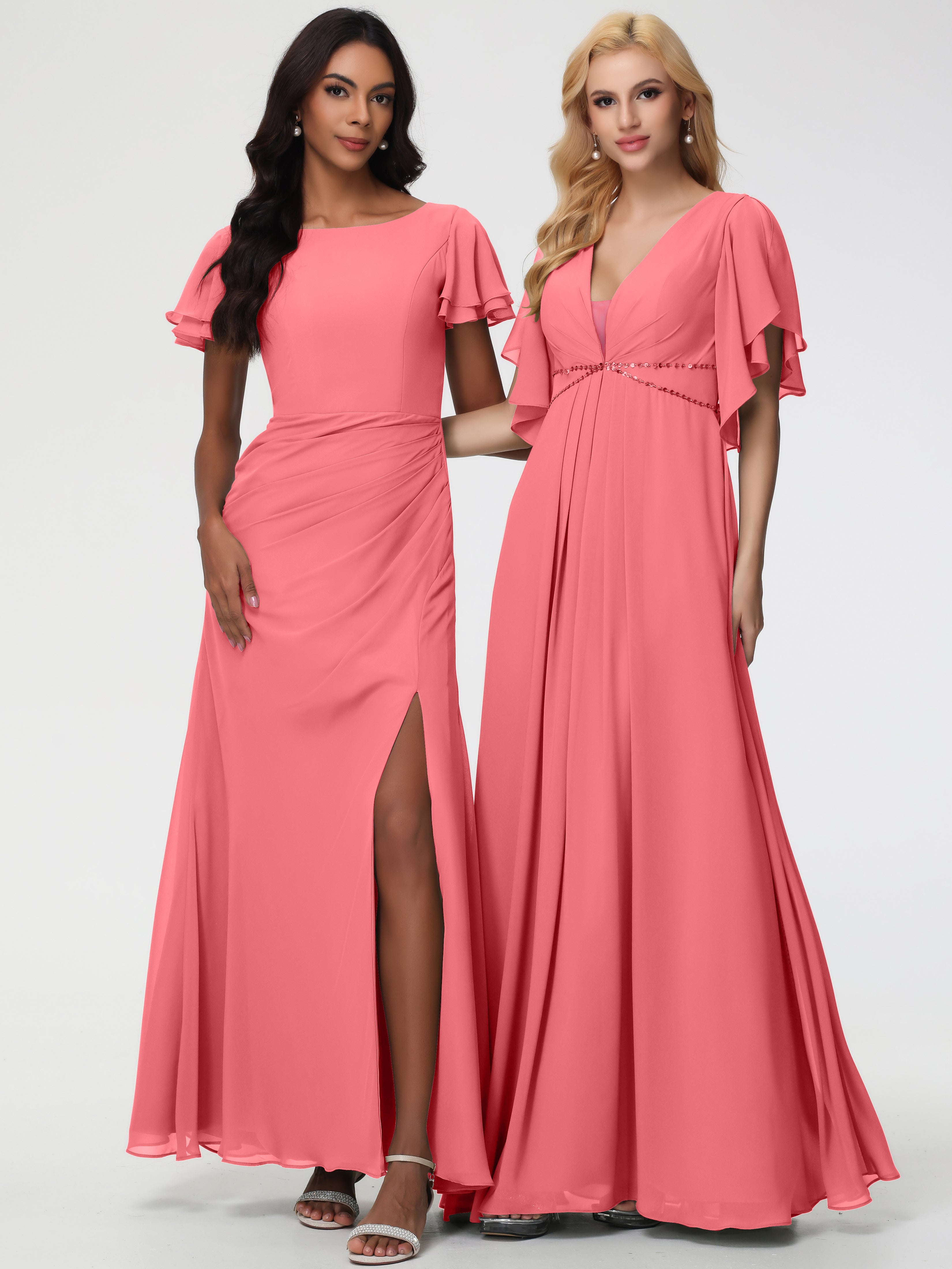 Sheath/Column Short Sleeves Split Long Chiffon Bridesmaid Dresses (Copy)