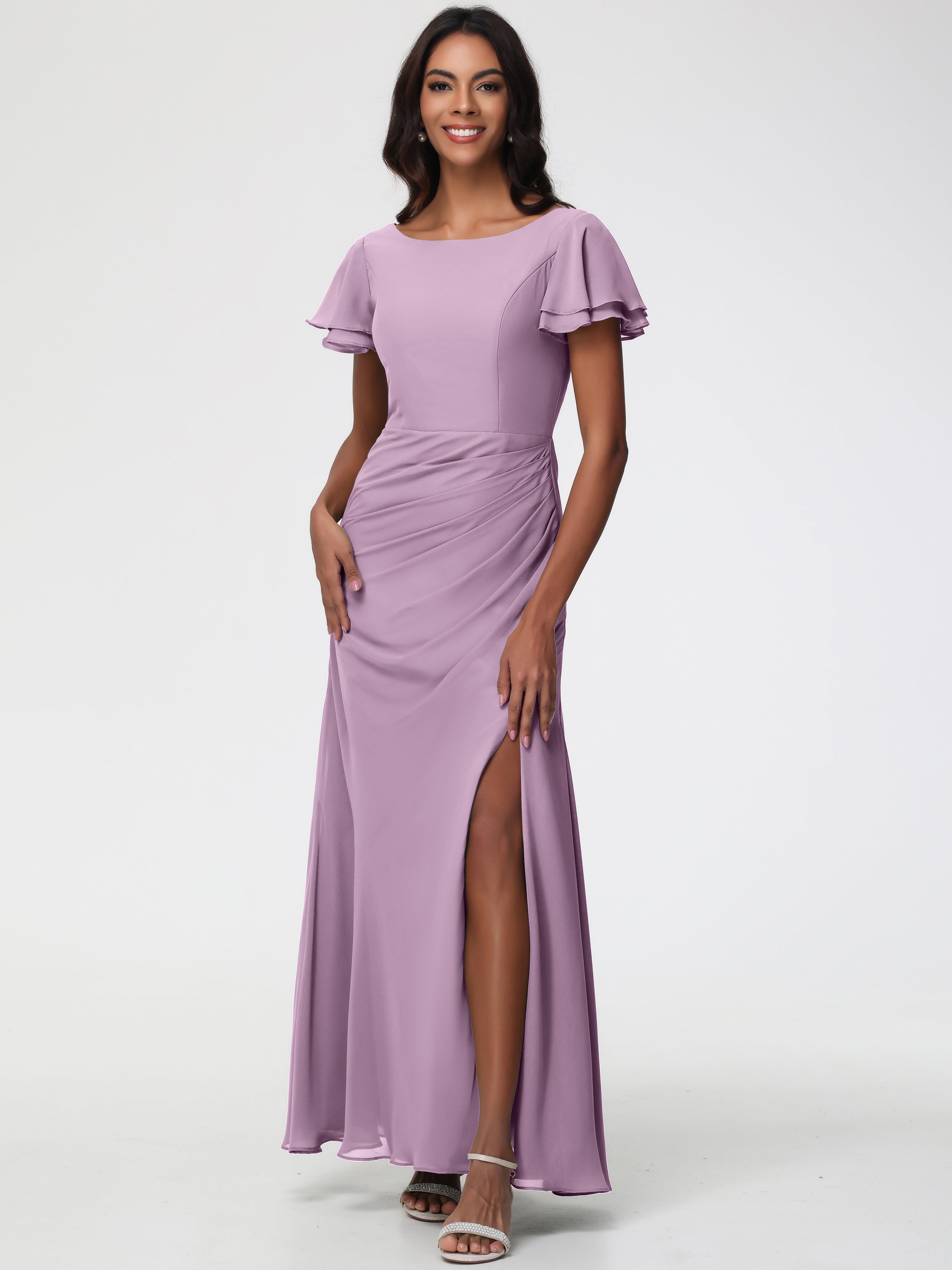 Sheath/Column Short Sleeves Split Long Chiffon Bridesmaid Dresses (Copy)