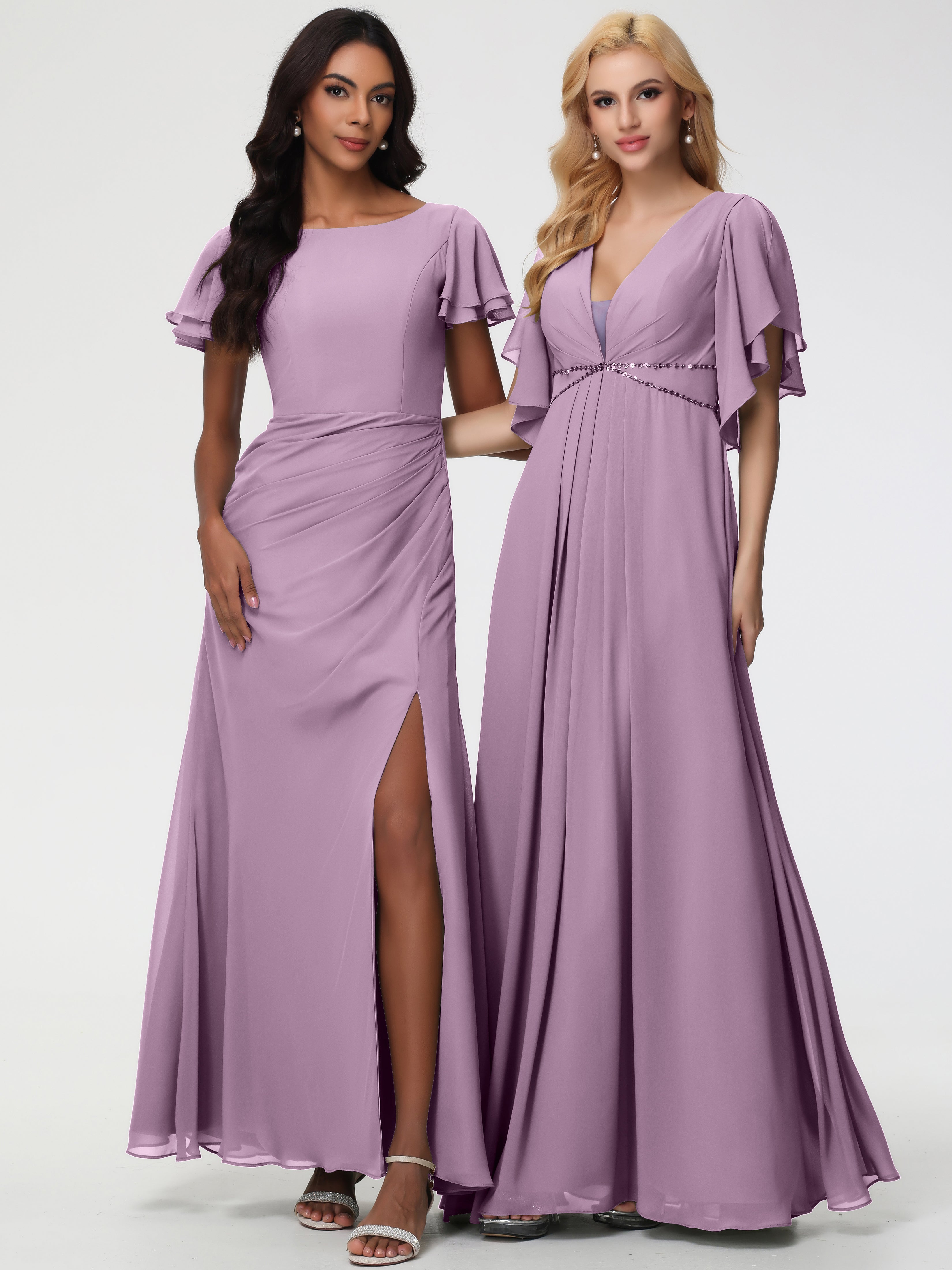 Sheath/Column Short Sleeves Split Long Chiffon Bridesmaid Dresses (Copy)