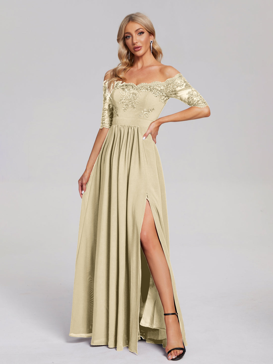 Champagne Coloured Bridesmaid Dresses Keira Off The Shoulder Lace/Chif