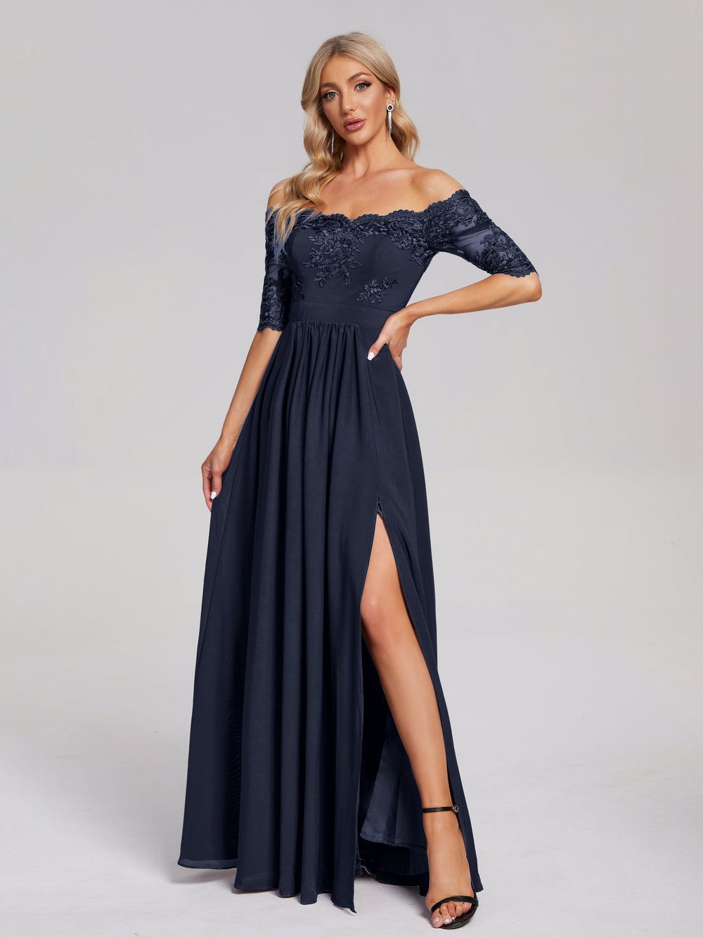 Dark Navy Blue Bridesmaid Dresses Keira Off The Shoulder Lace/Chiffon