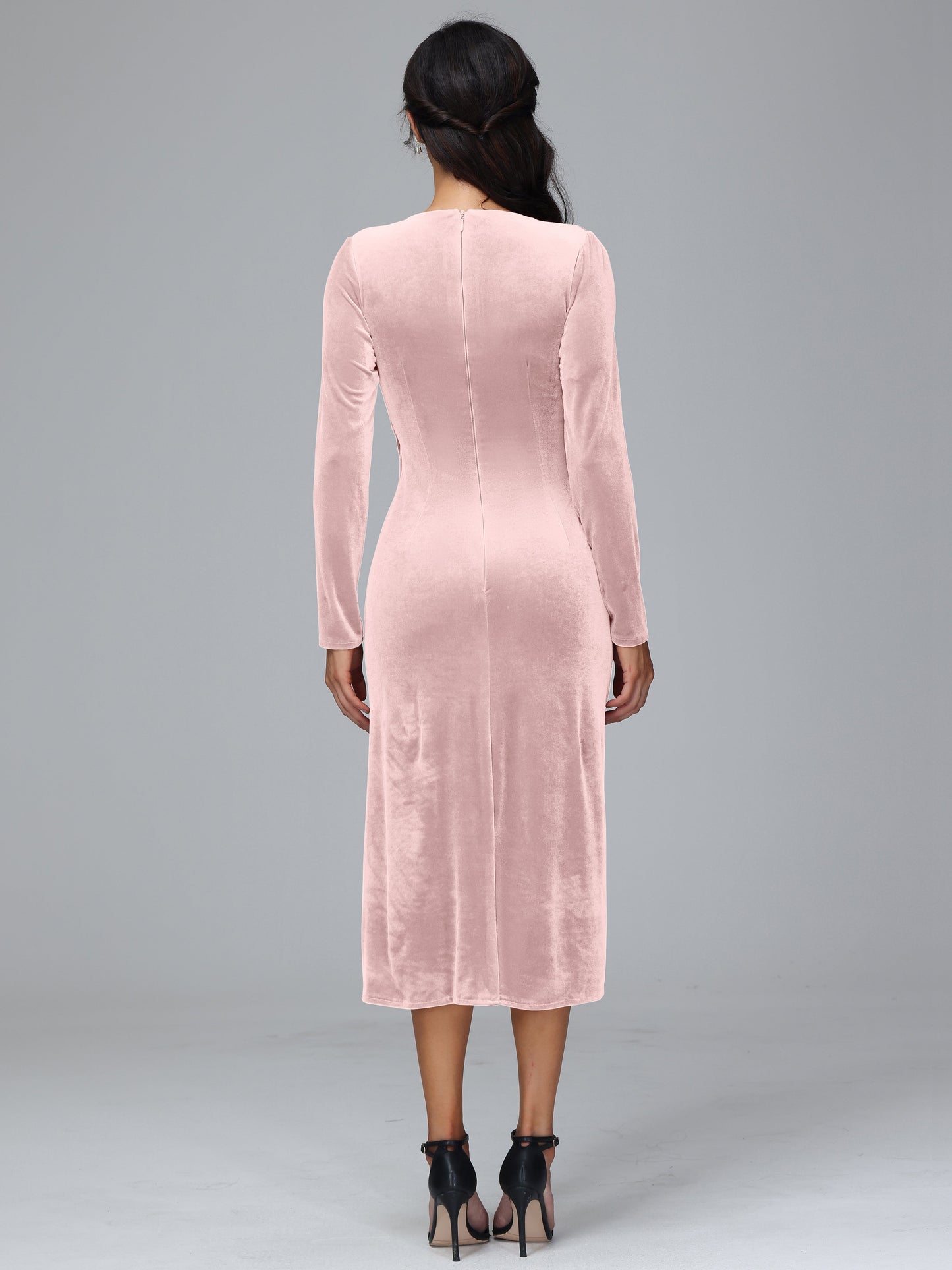 V-Neck Long Sleeves Pleats Tea Length Plus Size Bridesmaid Dresses With Split
