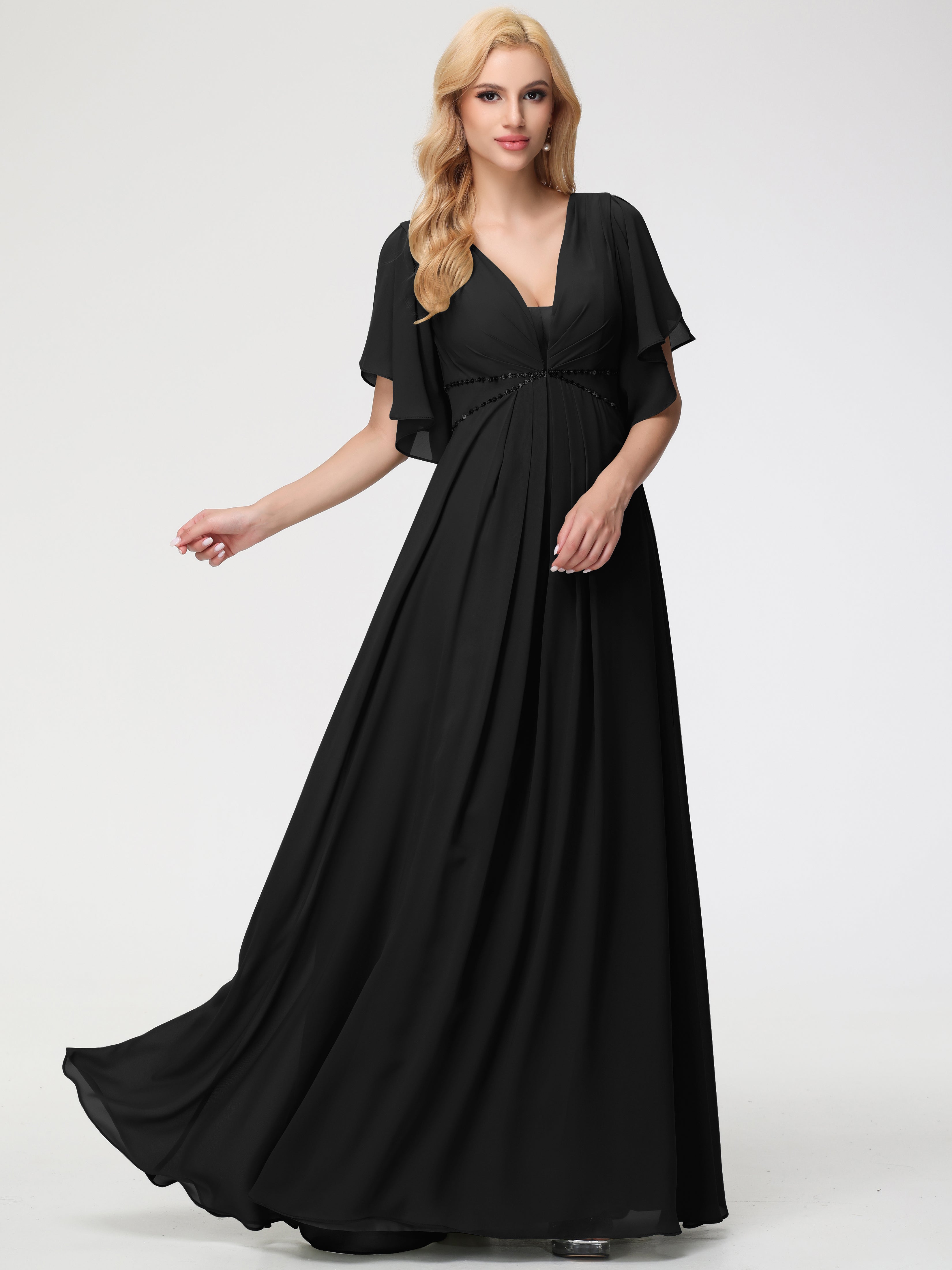 A-Line Sequins Sleeves Floor-Length Chiffon Bridesmaid Dresses