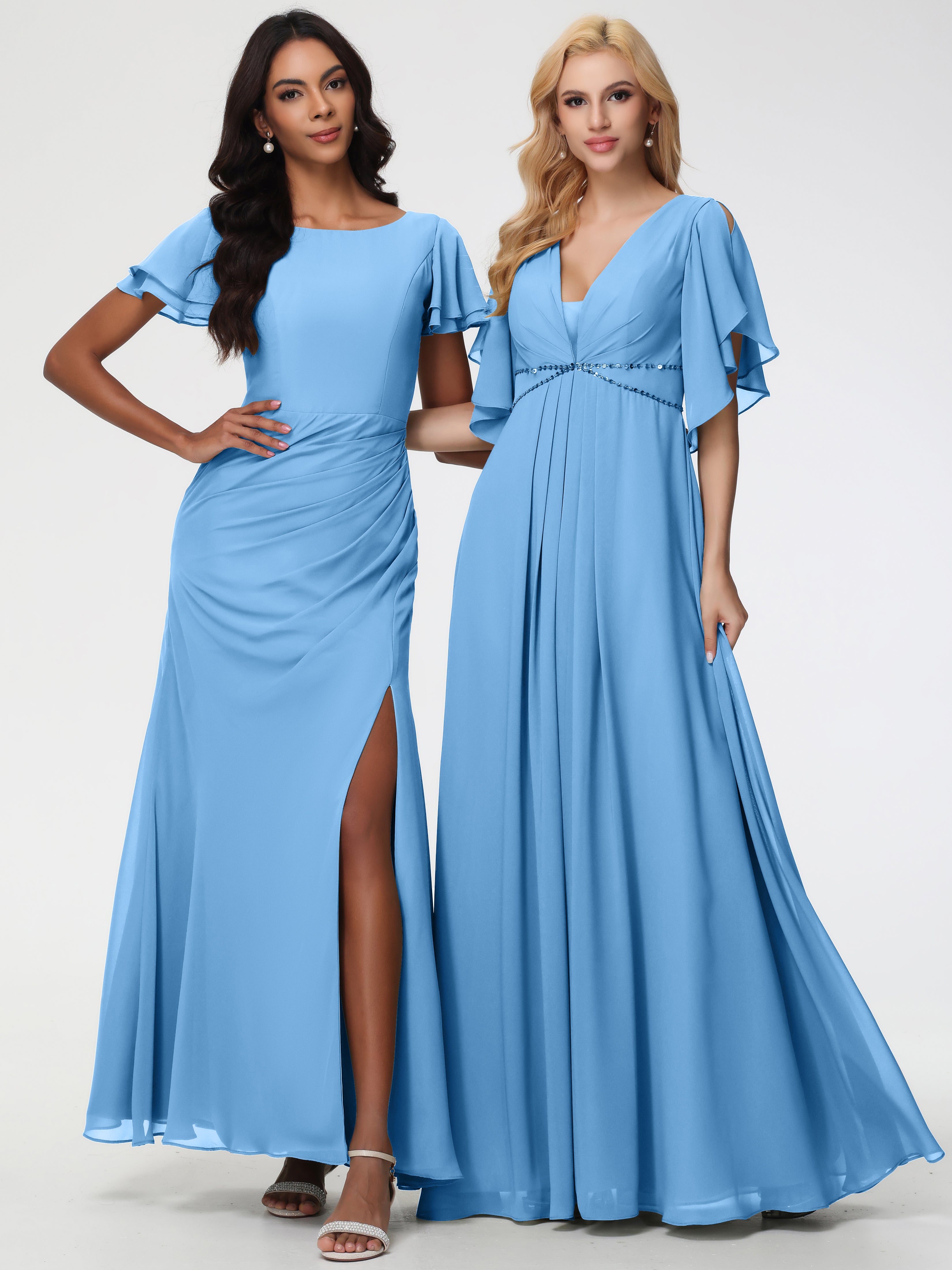 A-Line Sequins Sleeves Floor-Length Chiffon Bridesmaid Dresses