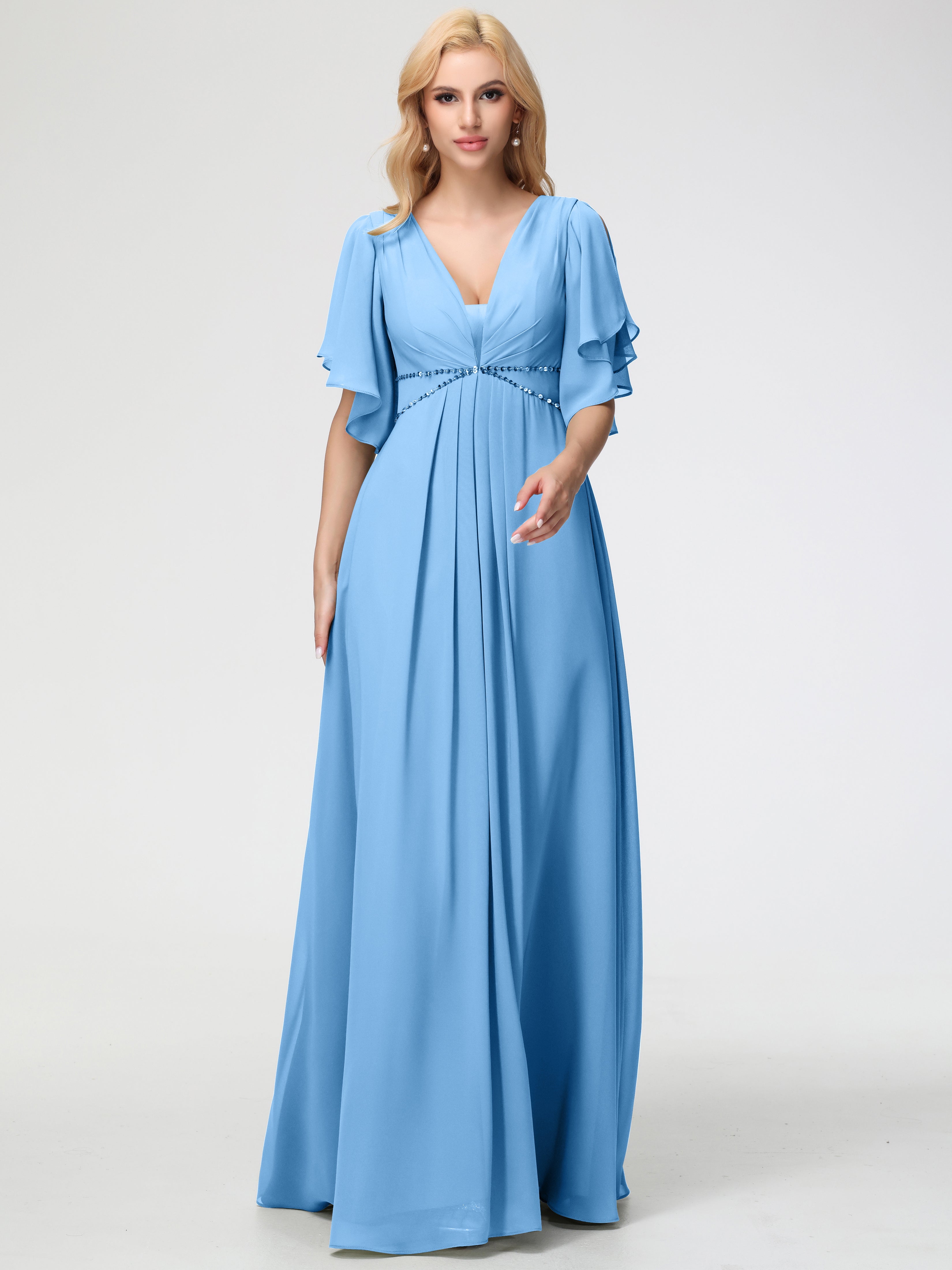 A-Line Sequins Sleeves Floor-Length Chiffon Bridesmaid Dresses